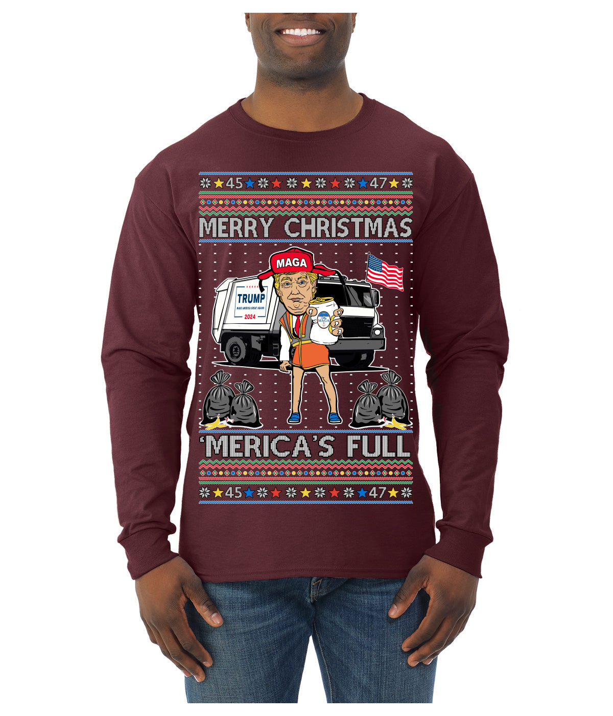 Donald Trump Merry Christmas Merica's Full Garbage Truck Ugly Christmas Sweater Mens Long Sleeve Shirt