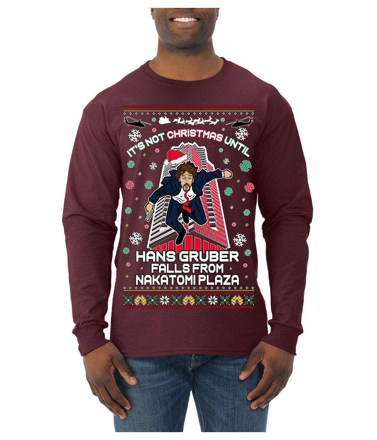 Not Christmas Until Hans Gruber Falls From Nakatomi Ugly Christmas Sweater Mens Long Sleeve Shirt