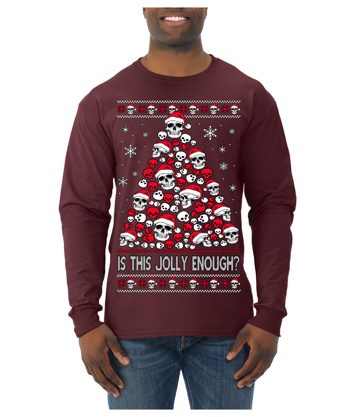 Is This Jolly Enough? Skeleton Skull Christmas Tree Ugly Christmas Sweater Mens Long Sleeve Shirt
