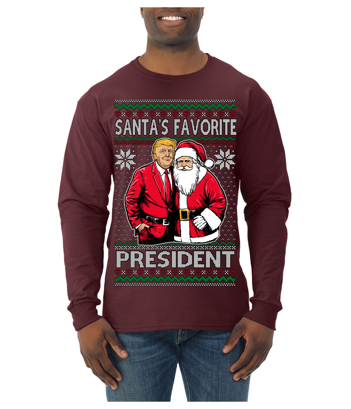 Santa's Favorite President Red Suit Trump Ugly Christmas Sweater Mens Long Sleeve Shirt