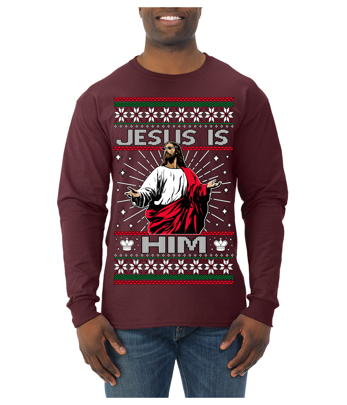 Jesus Is Him Funny Gen Z Viral Meme Shades Slang Ugly Christmas Sweater Mens Long Sleeve Shirt