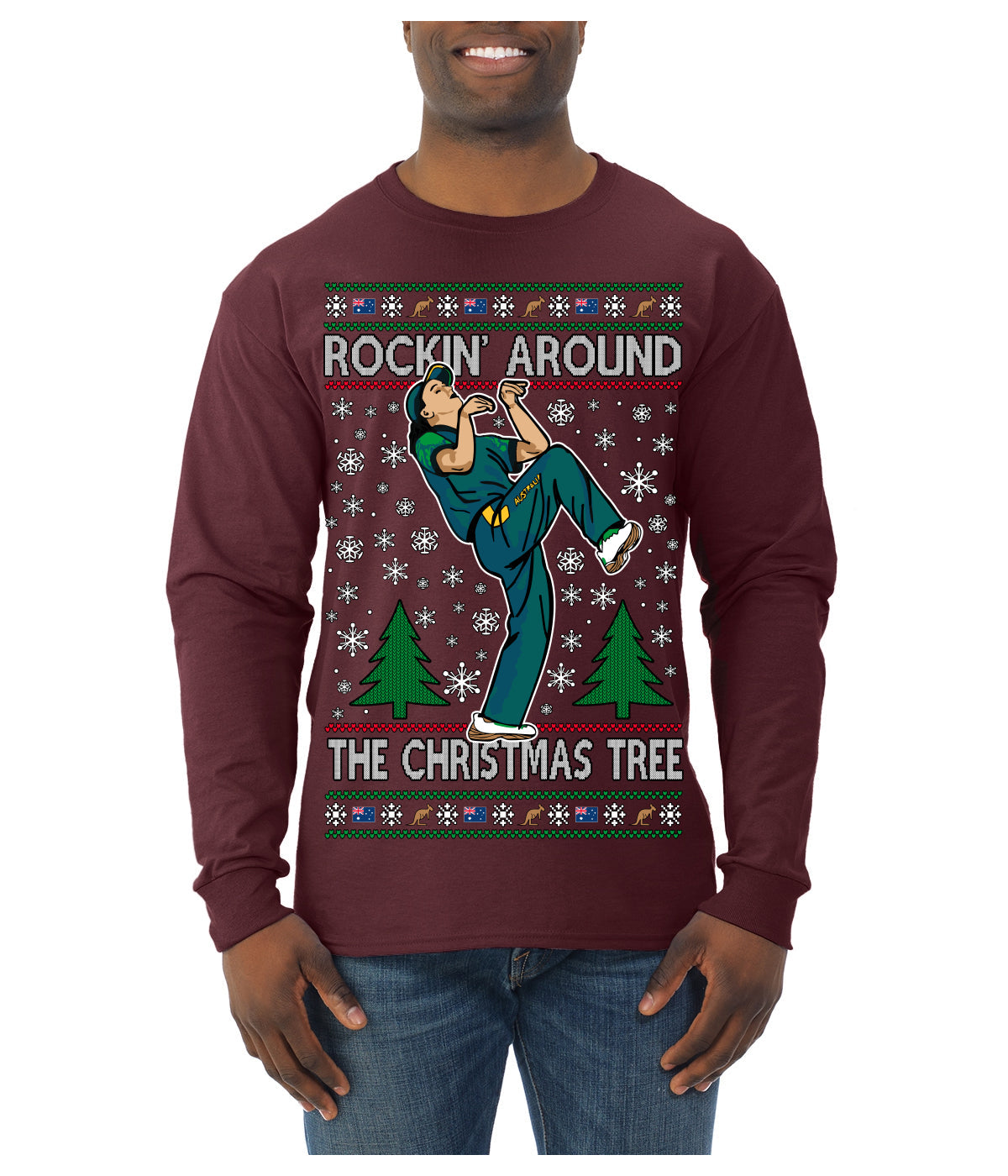 Rockin Around the Christmas Tree Raygun Viral Breakdancer Ugly Christmas Sweater Mens Long Sleeve Shirt