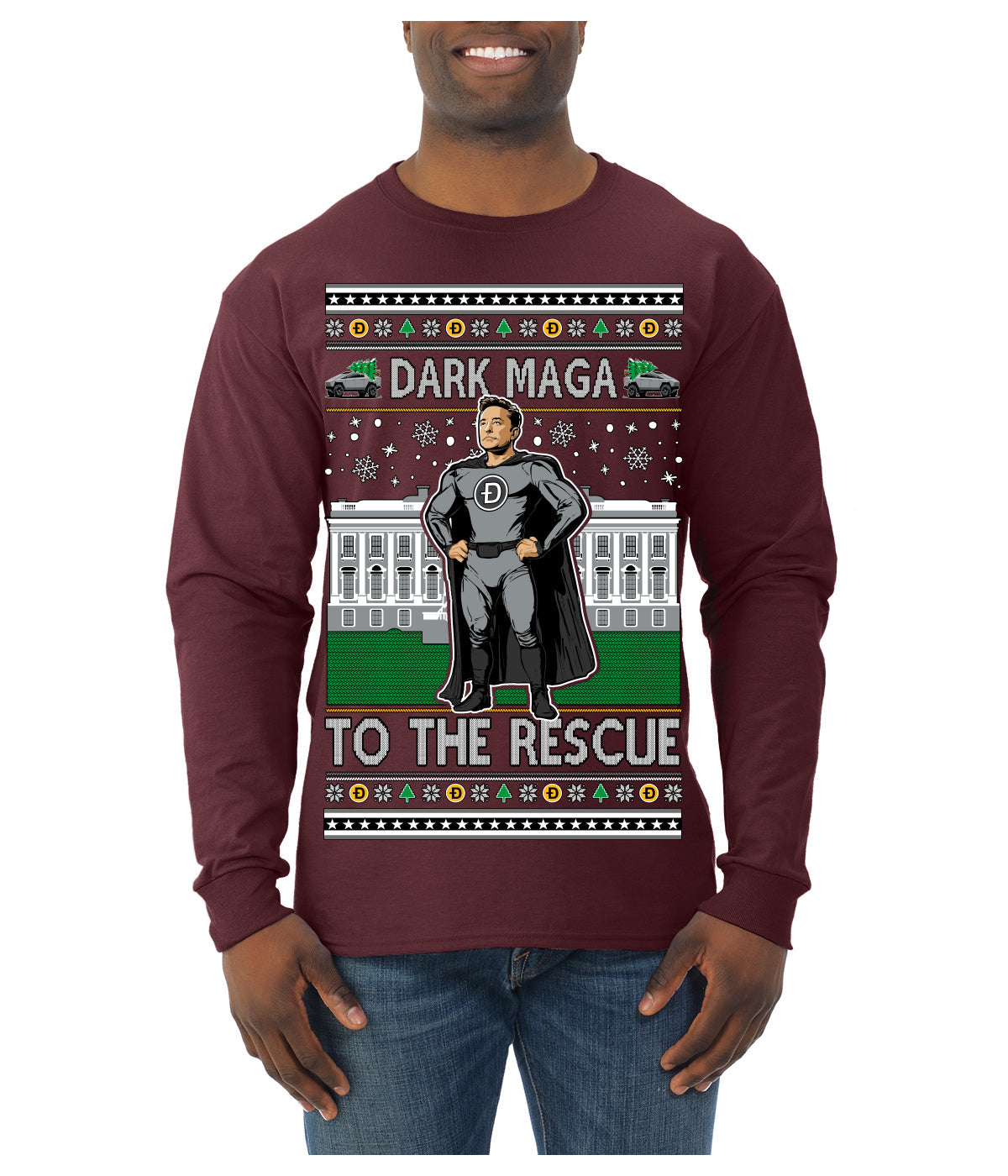 Dark MAGA to the Rescue Elon Superhero Doge Crypto Ugly Christmas Sweater Mens Long Sleeve Shirt