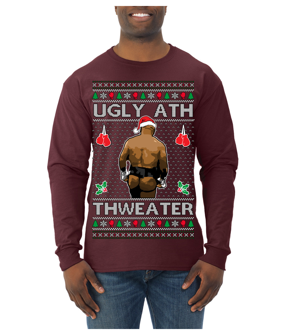 Ugly Ath Sweater Merry Chrithmith, Butt Viral Ugly Ass Boxing Fight Meme Ugly Christmas Sweater Mens Long Sleeve Shirt