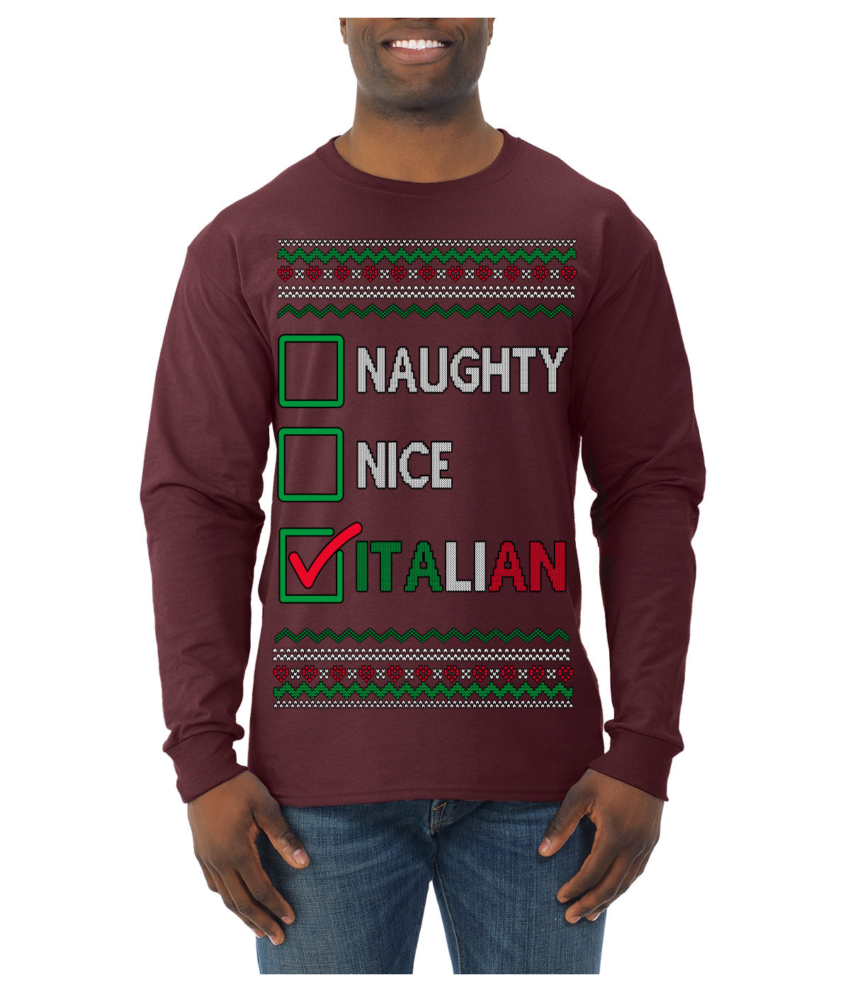 Naughty Nice Italian Funny Italians Italy Colors Ugly Christmas Sweater Mens Long Sleeve Shirt