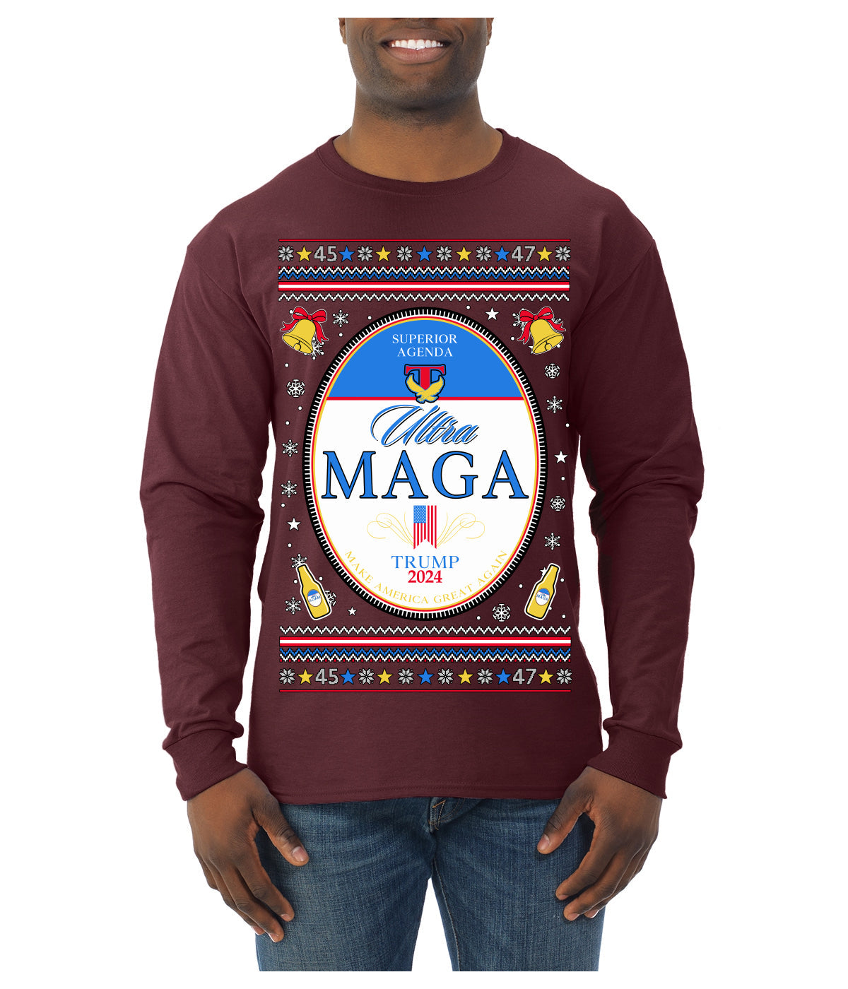 Ultra MAGA Superior Agenda Trump 2024 Funny Beer Logo Ugly Christmas Sweater Mens Long Sleeve Shirt