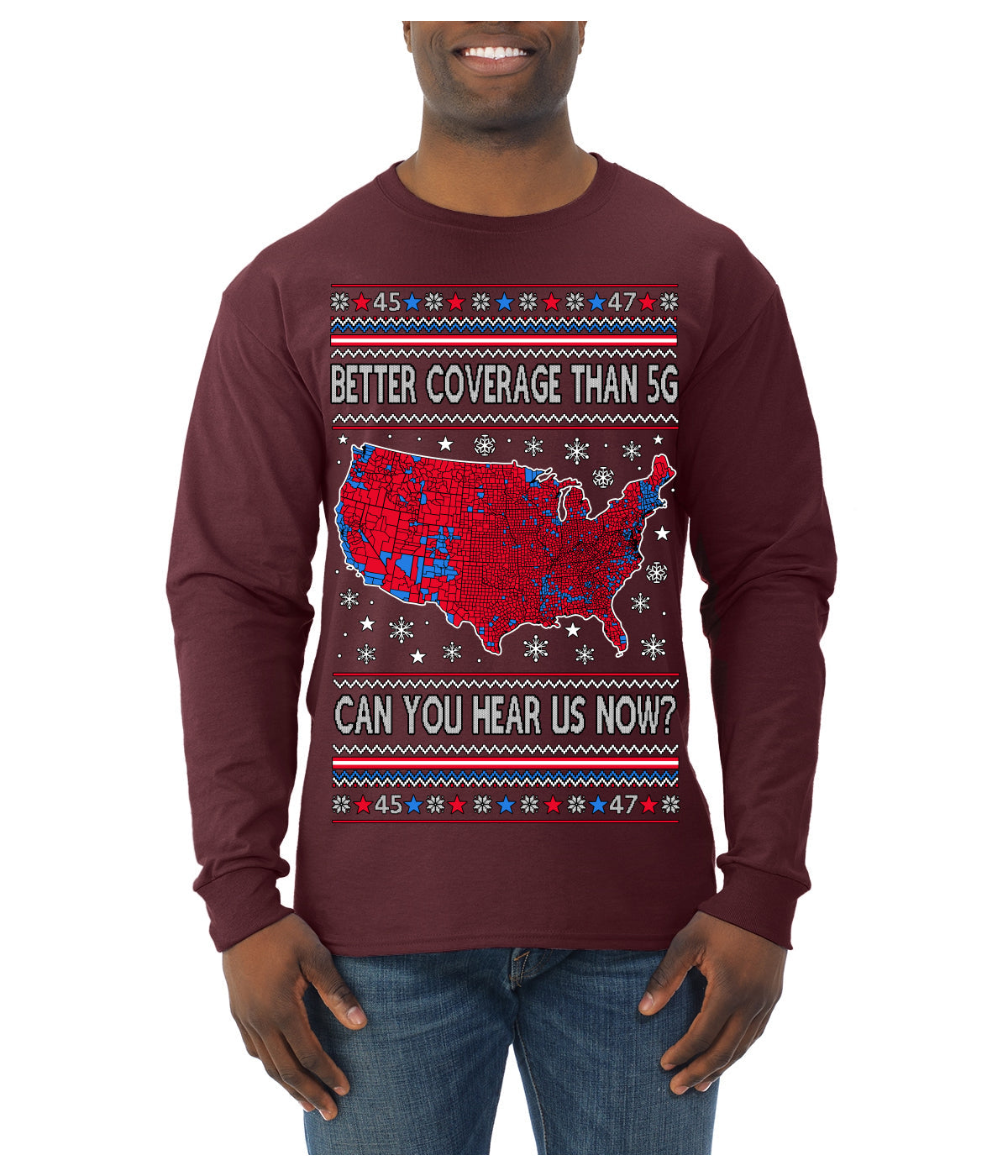 Trump 2024 Better Coverage than 5G Red Wave Landslide Ugly Christmas Sweater Mens Long Sleeve Shirt