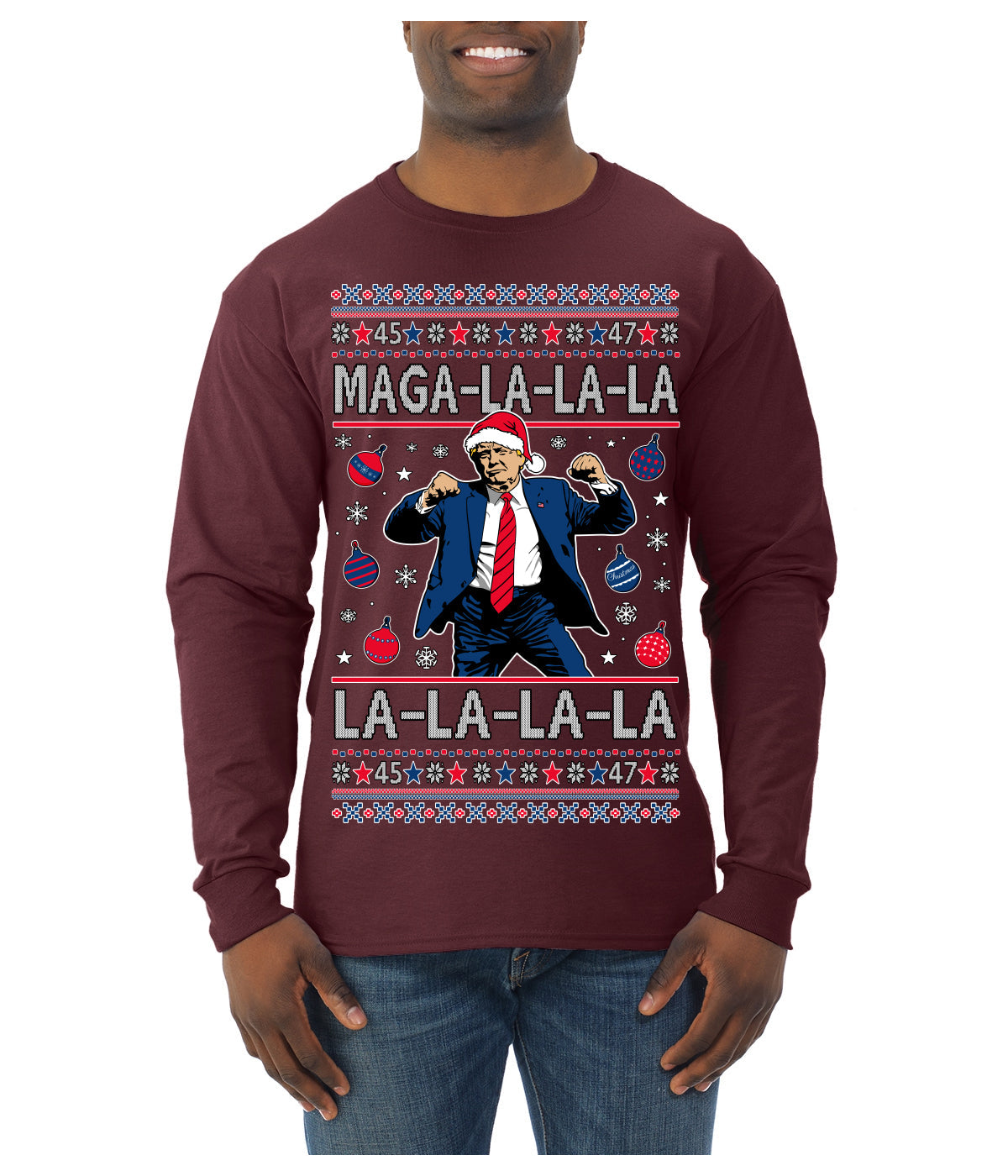 Maga La La La Funny Donald Trump Christmas Carol Song Ugly Christmas Sweater Mens Long Sleeve Shirt