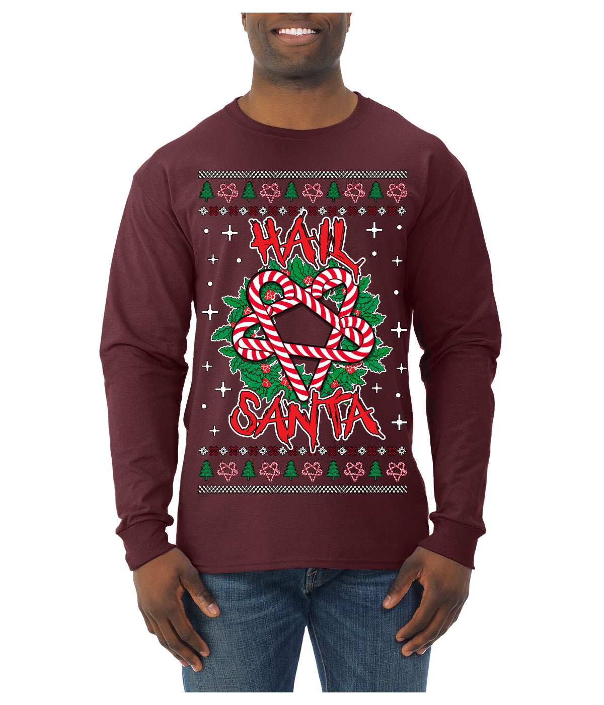 Hail Santa Funny Satanic Candy Devil Heavy Metal Satan Ugly Christmas Sweater Mens Long Sleeve Shirt