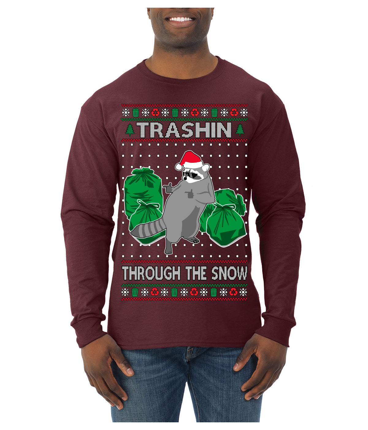 Trashin Through the Snow Funny Trash Panda Raccoon Meme Ugly Christmas Sweater Mens Long Sleeve Shirt