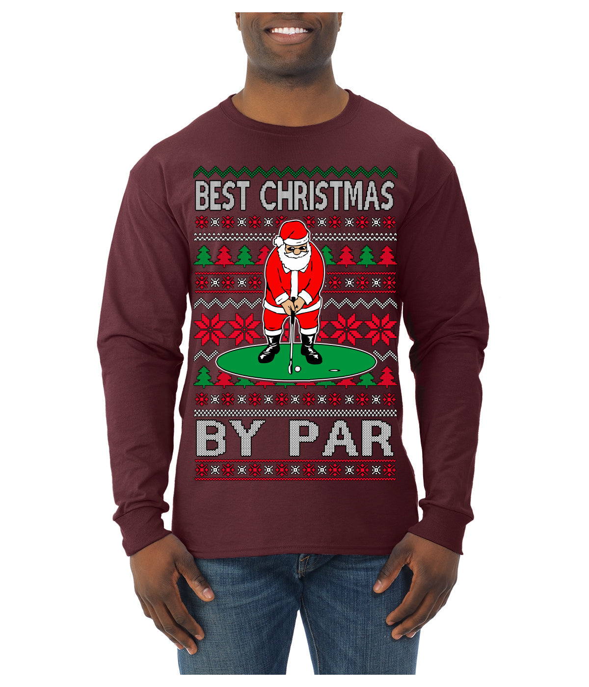 Best Christmas By Par Funny Santa Golfing Pun Sports Golf Ugly Christmas Sweater Mens Long Sleeve Shirt