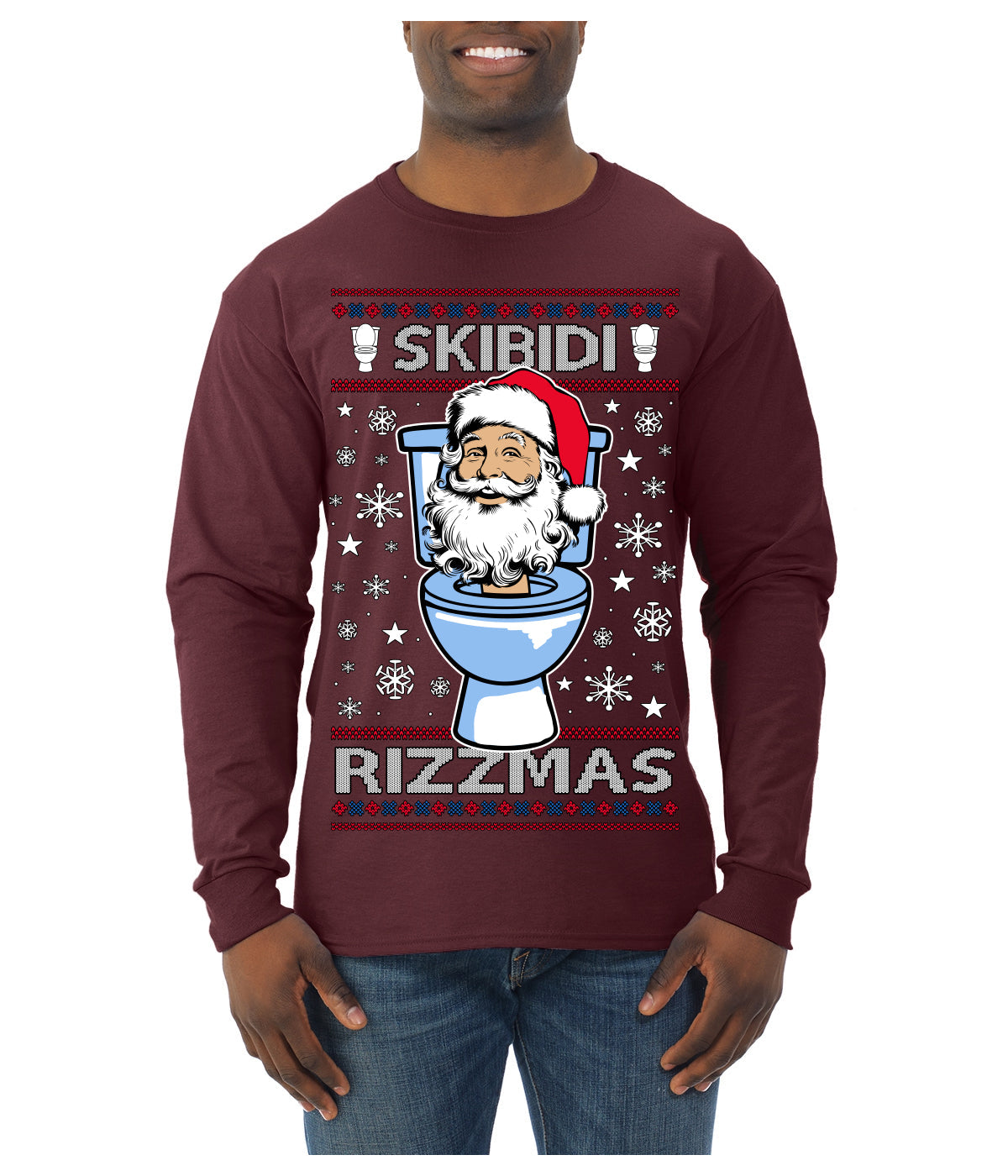 Skibidi Rizzmas Funny Toilet Video Viral Brain Rot Meme, Gen Z Alpha Slang Brainrot Memes Ugly Christmas Sweater Mens Long Sleeve Shirt