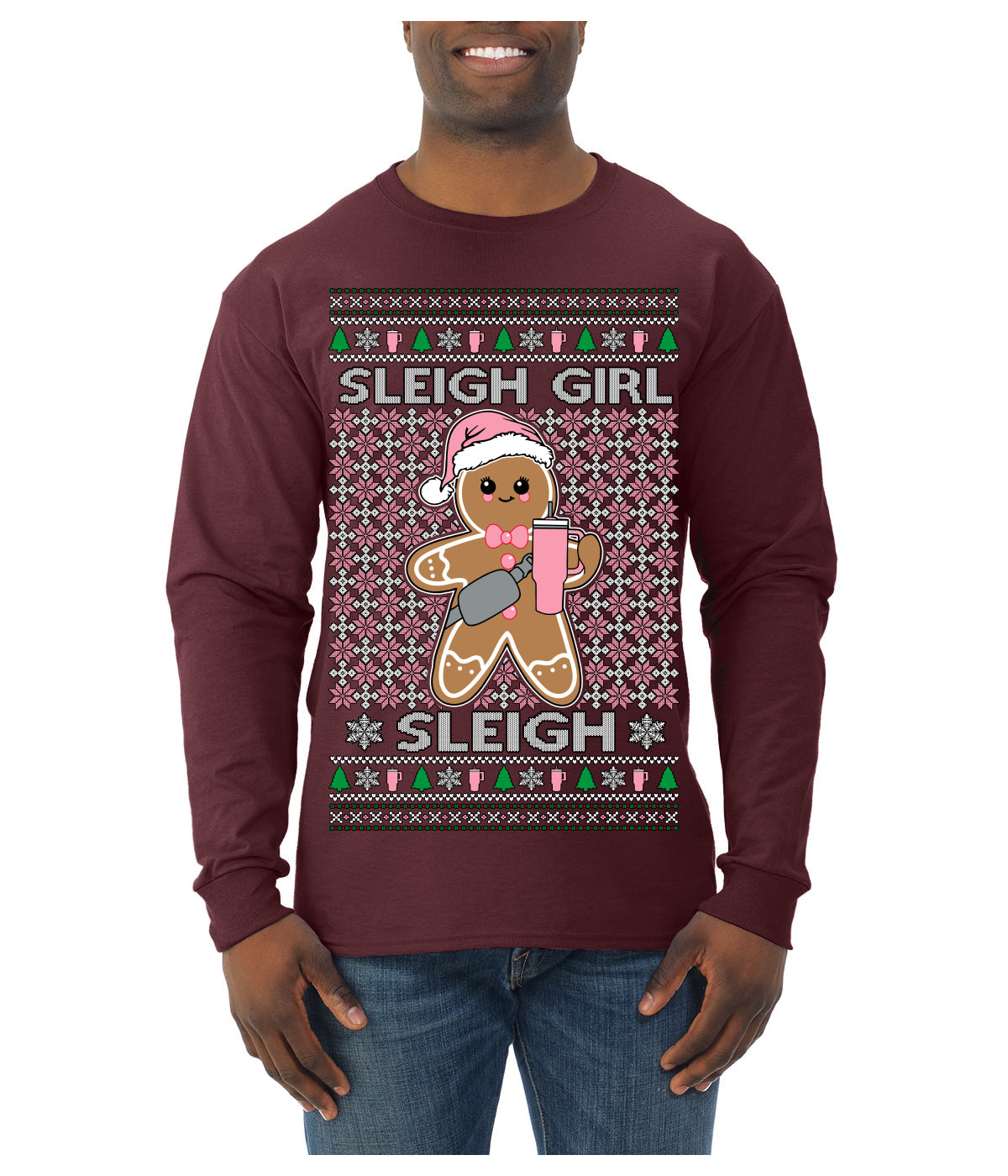 Sleigh Girl Sleigh Funny Trendy Pop Girly Sling Bag Coffee Cup Unisex Ugly Christmas Sweater Mens Long Sleeve Shirt