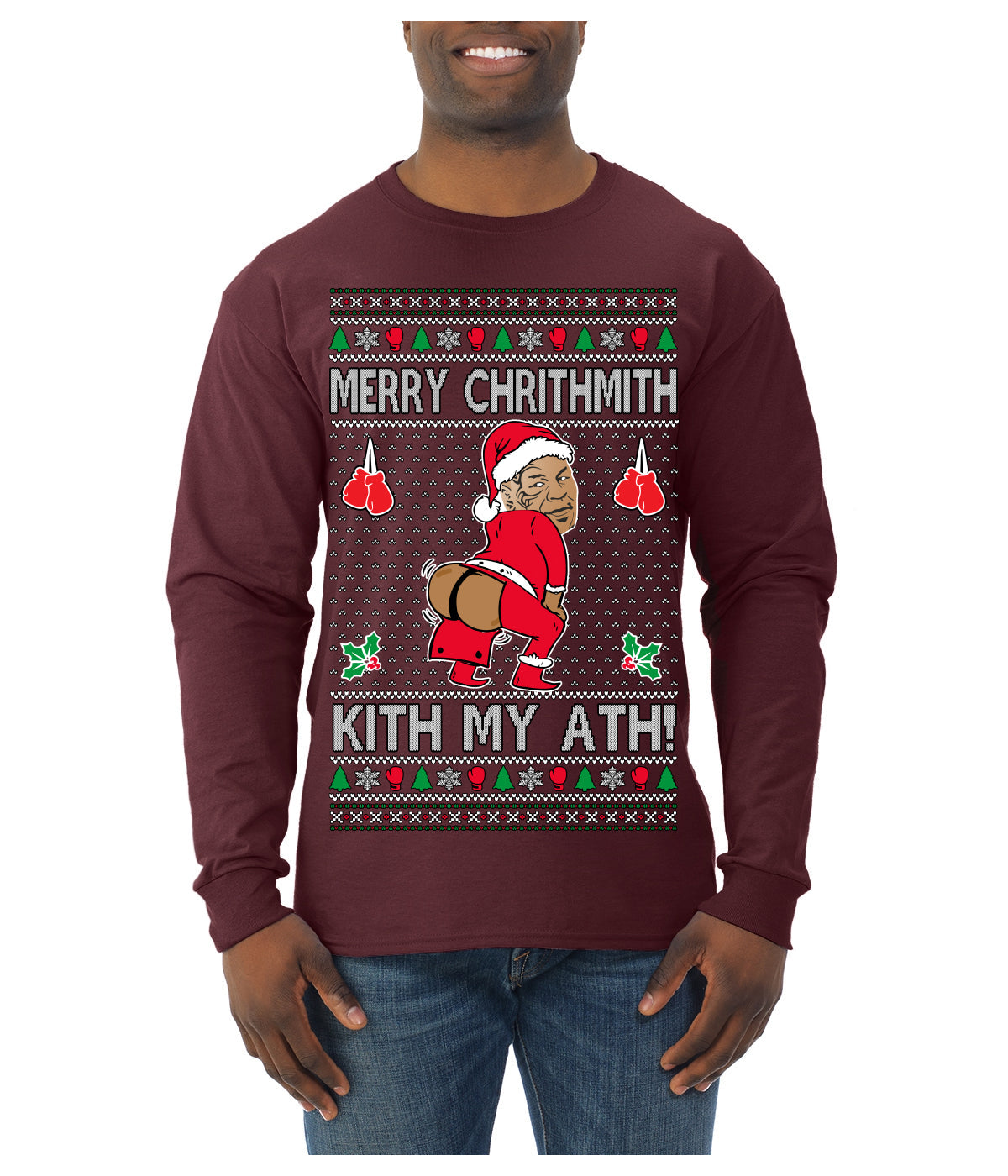 Merry Chrithmith Kith My Ath, Funny Butt Dancing, Viral Kiss My Ass Boxing Fight Meme, Men Women Ugly Christmas Sweater Mens Long Sleeve Shirt