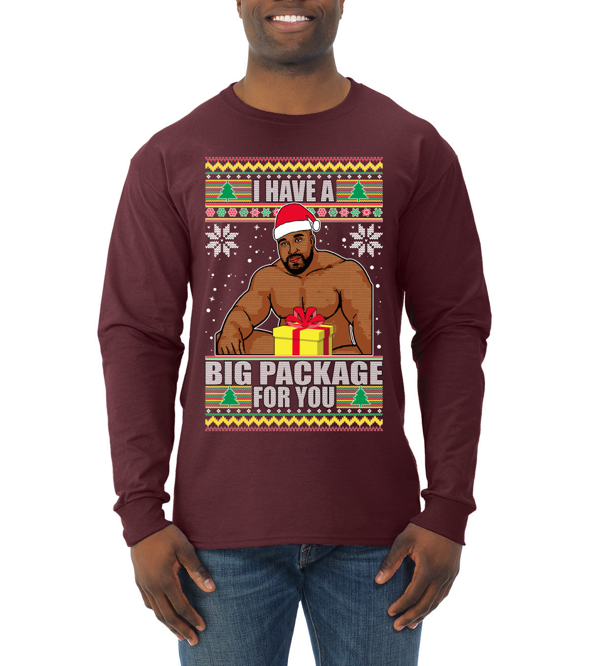 I Have A Big Package Meme Barry Wood Ugly Christmas Sweater Mens Long Sleeve Shirt