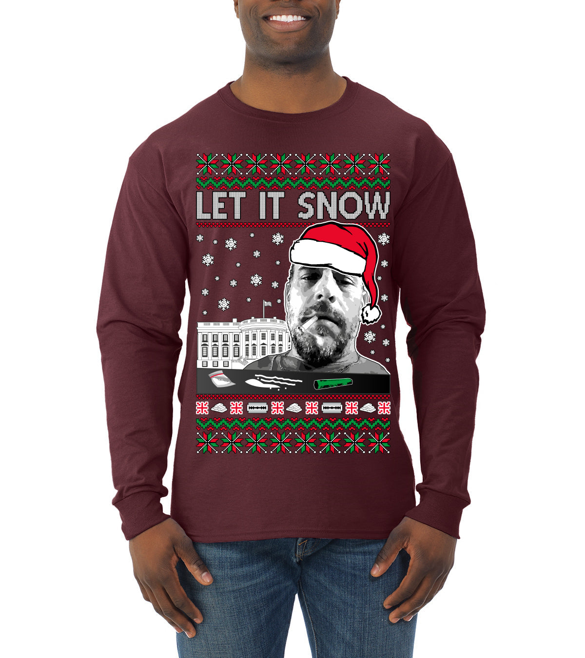 Hunter Let It Snow Biden Ugly Christmas Sweater Mens Long Sleeve Shirt