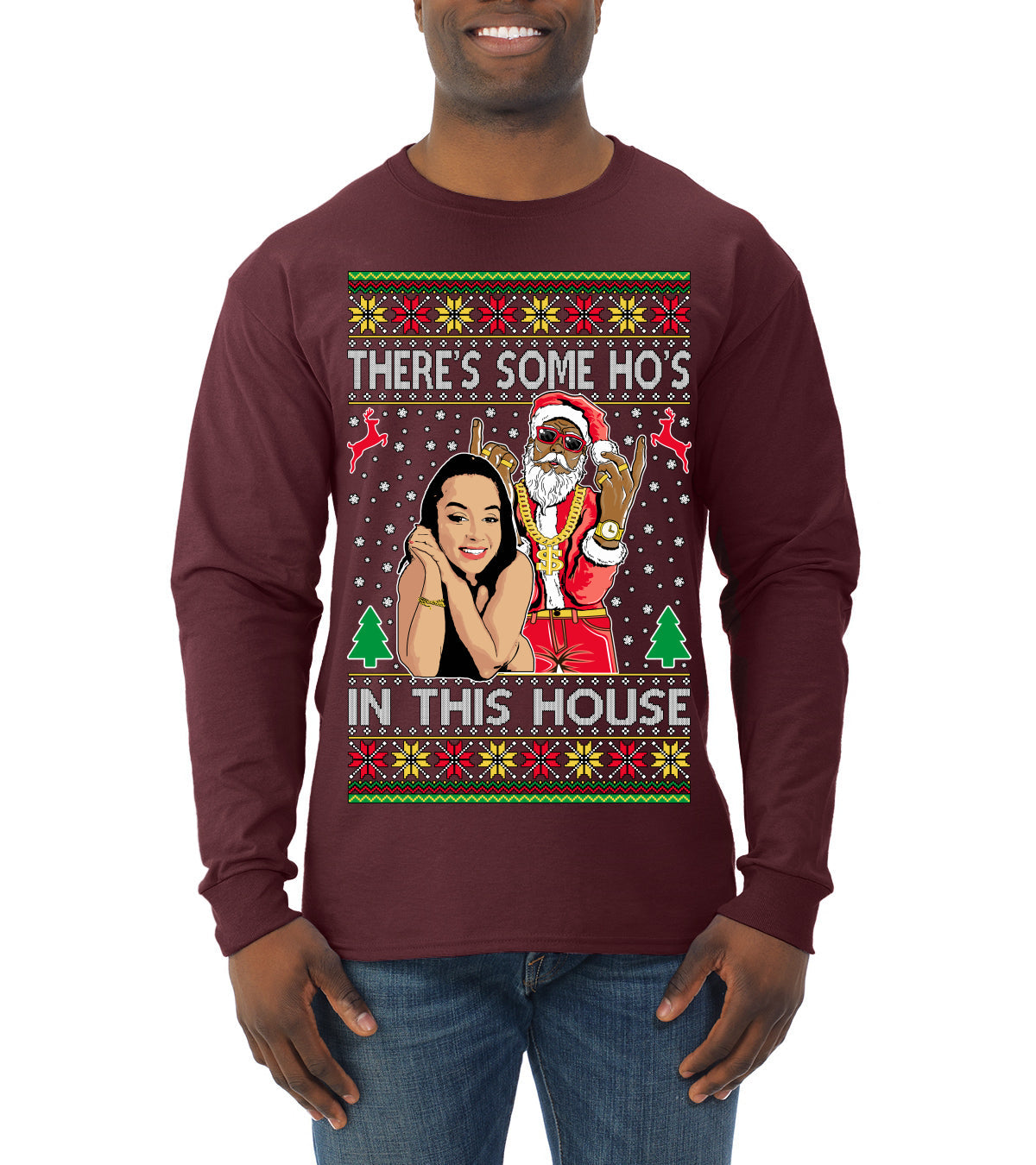Santa the Plug Hos In This House  Ugly Christmas Sweater Mens Long Sleeve Shirt