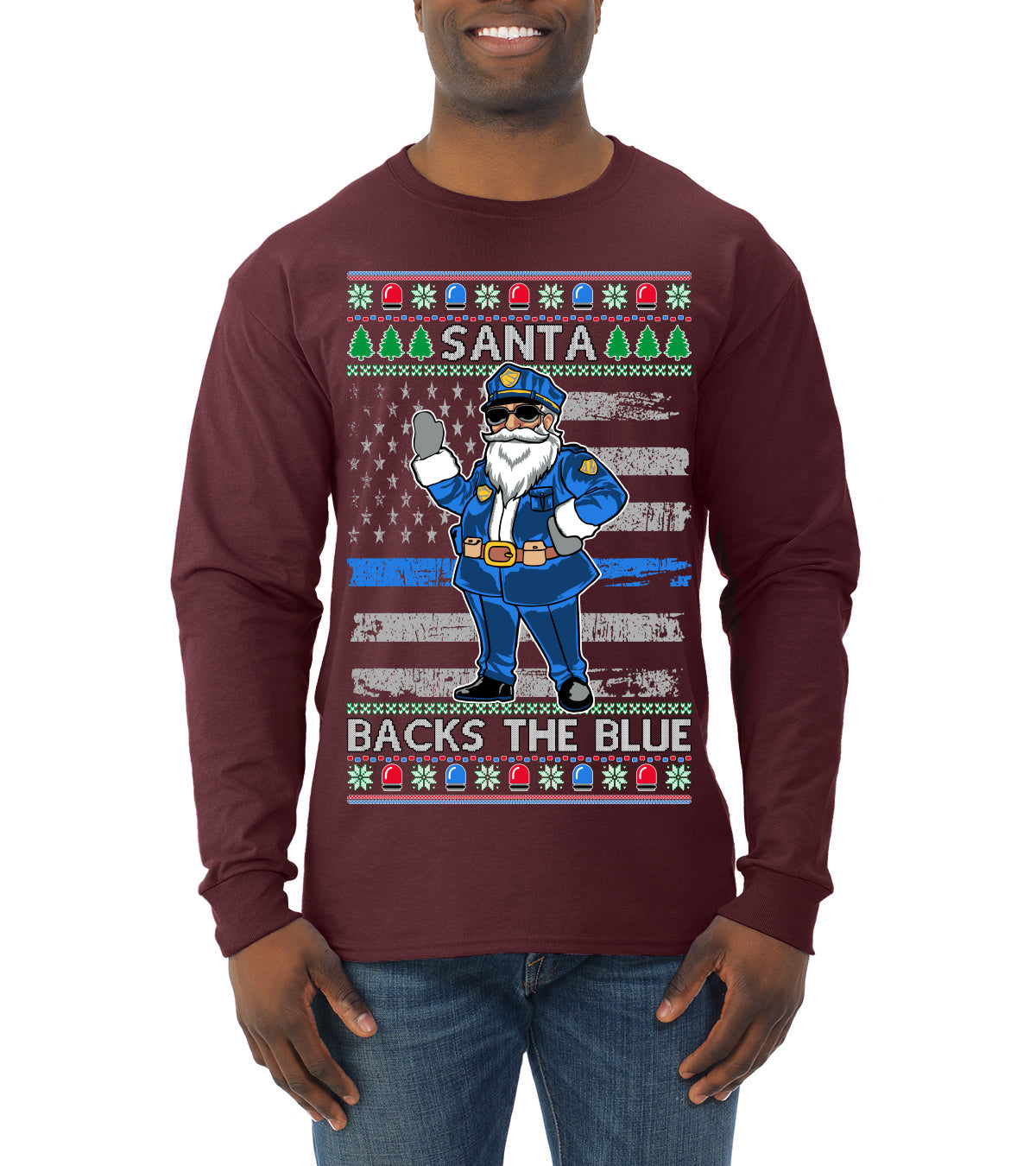 Santa Backs The Blue Pro Police Santa Claus Ugly Christmas Sweater Mens Long Sleeve Shirt