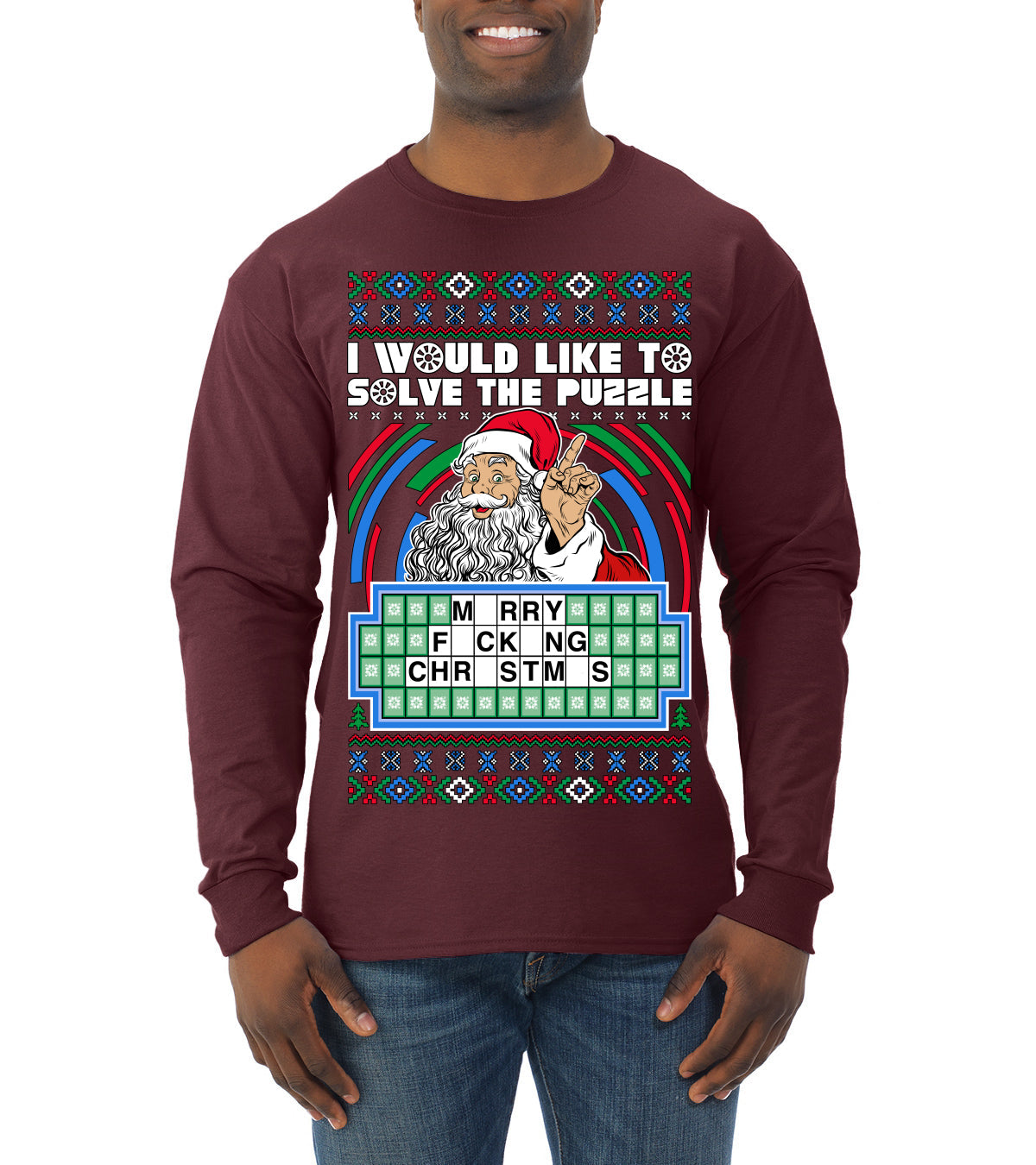 Santa Game Show I'd Like To Solve the Puzzle Wheel Ugly Christmas Sweater Mens Long Sleeve Shirt
