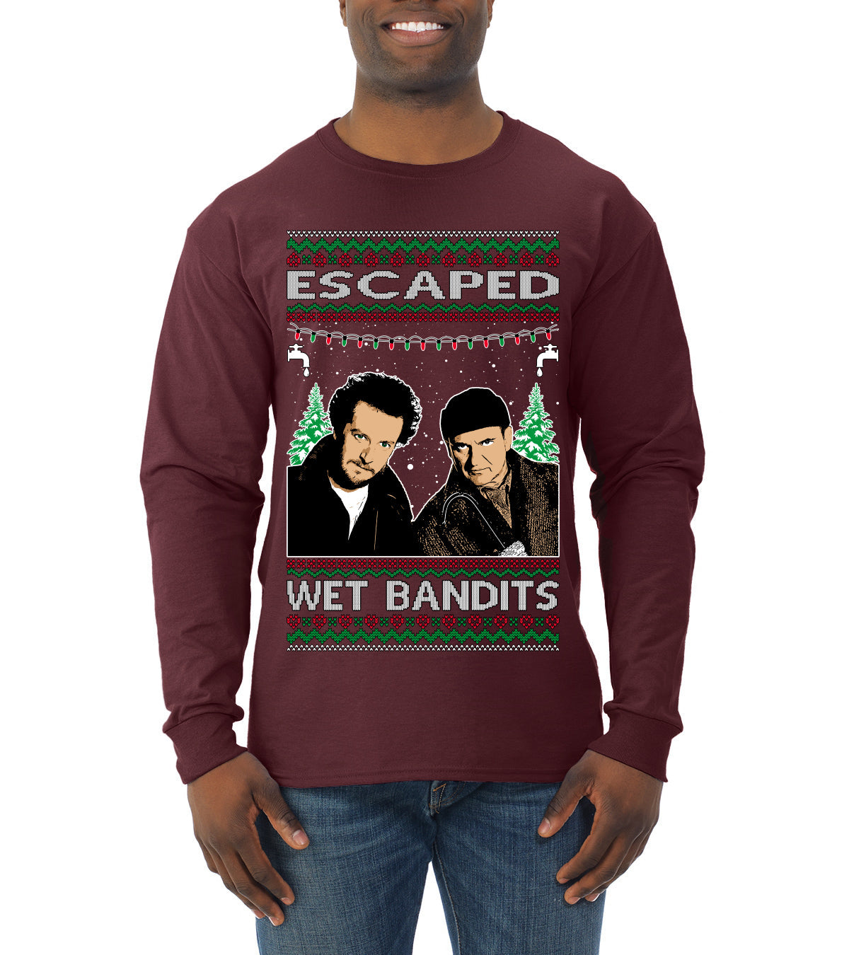 Escaped Bandits Classic Home Holiday Movie Ugly Christmas Sweater Mens Long Sleeve Shirt