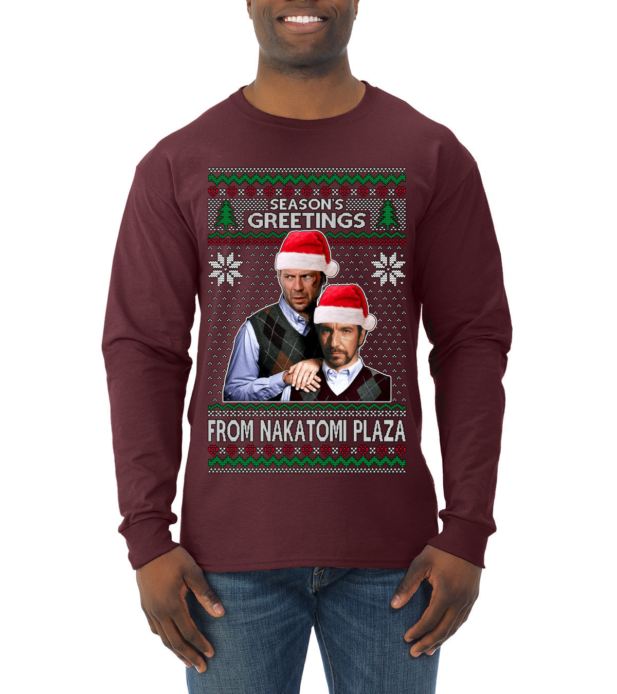 Season's Greeting From Nakatomi Plaza Ugly Christmas Sweater Mens Long Sleeve Shirt