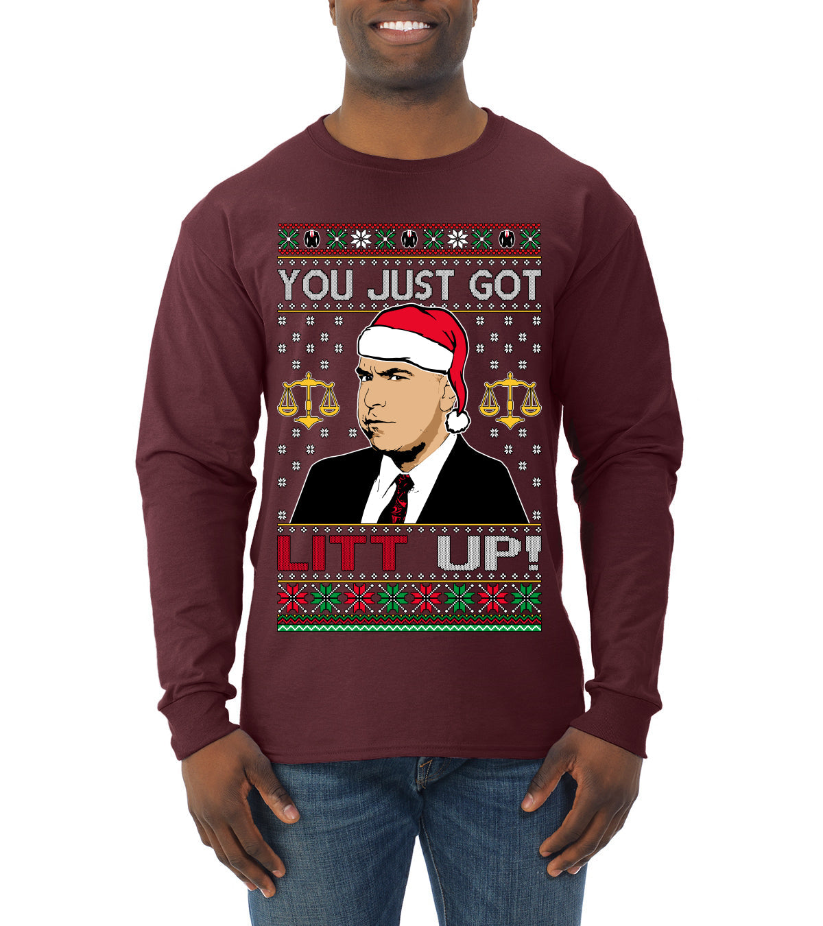 Just Got Litt Up Louis Tv Show Parody Ugly Christmas Sweater Mens Long Sleeve Shirt