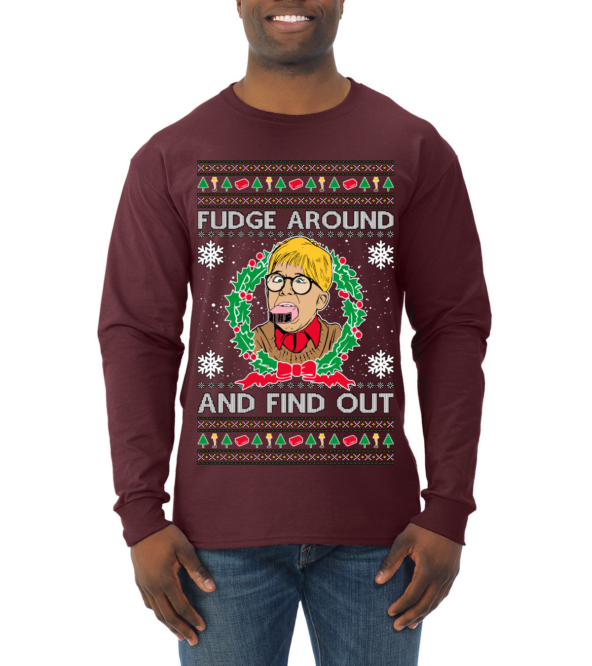 Fudge Around And Find Out Story Ugly Christmas Sweater Mens Long Sleeve Shirt