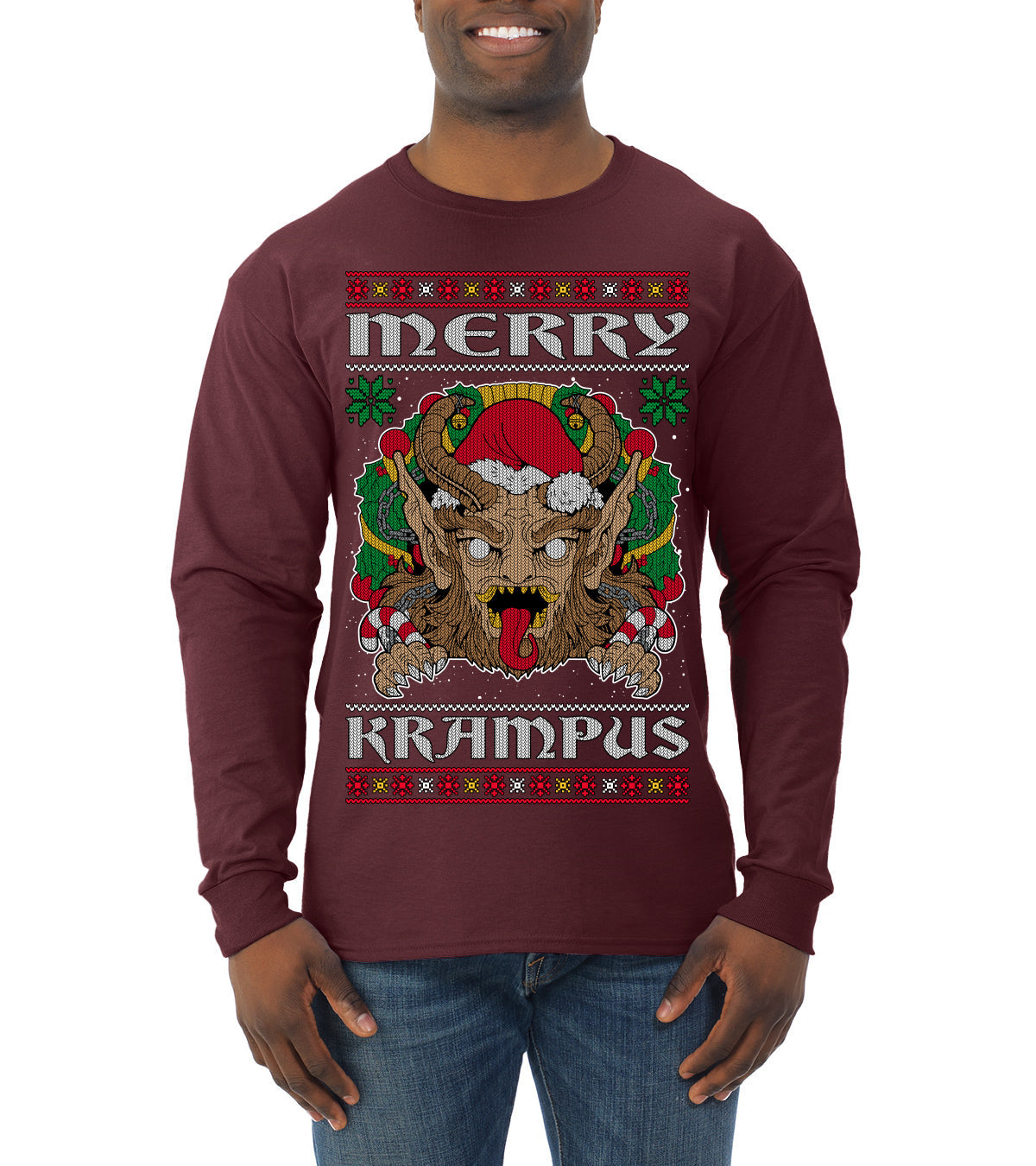 Merry Krampus Santa Folklore Figure Horror Ugly Christmas Sweater Mens Long Sleeve Shirt