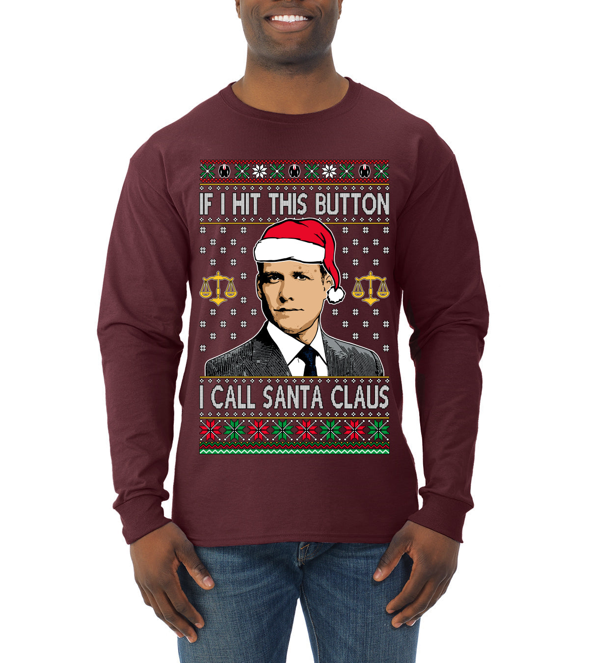 Harvey Hit This Button I Call Santa Specter TV Show Parody Ugly Christmas Sweater Mens Long Sleeve Shirt