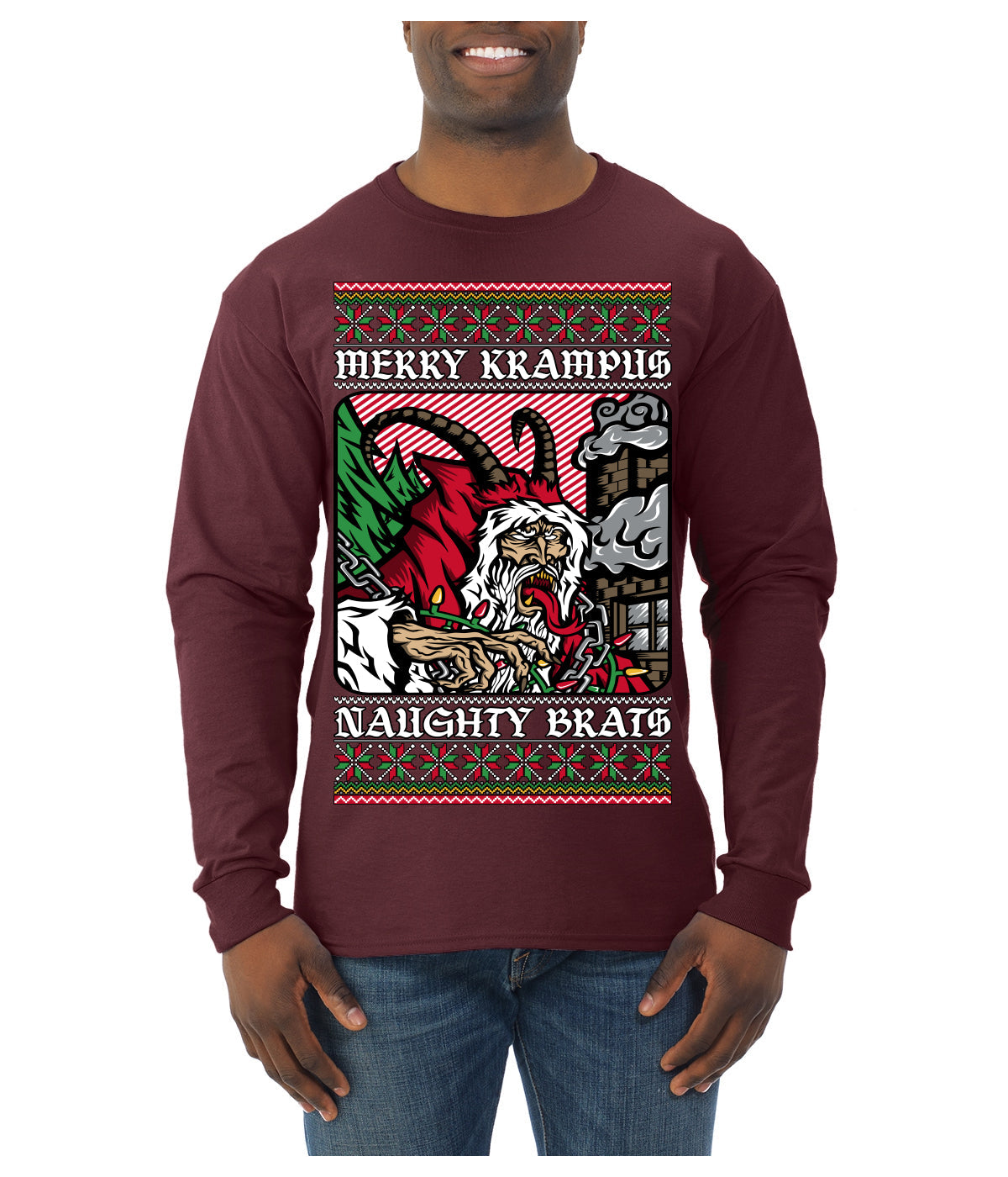Merry Krampus Naughty Brats | Funny Ugly Christmas Sweater Mens Long Sleeve Shirt