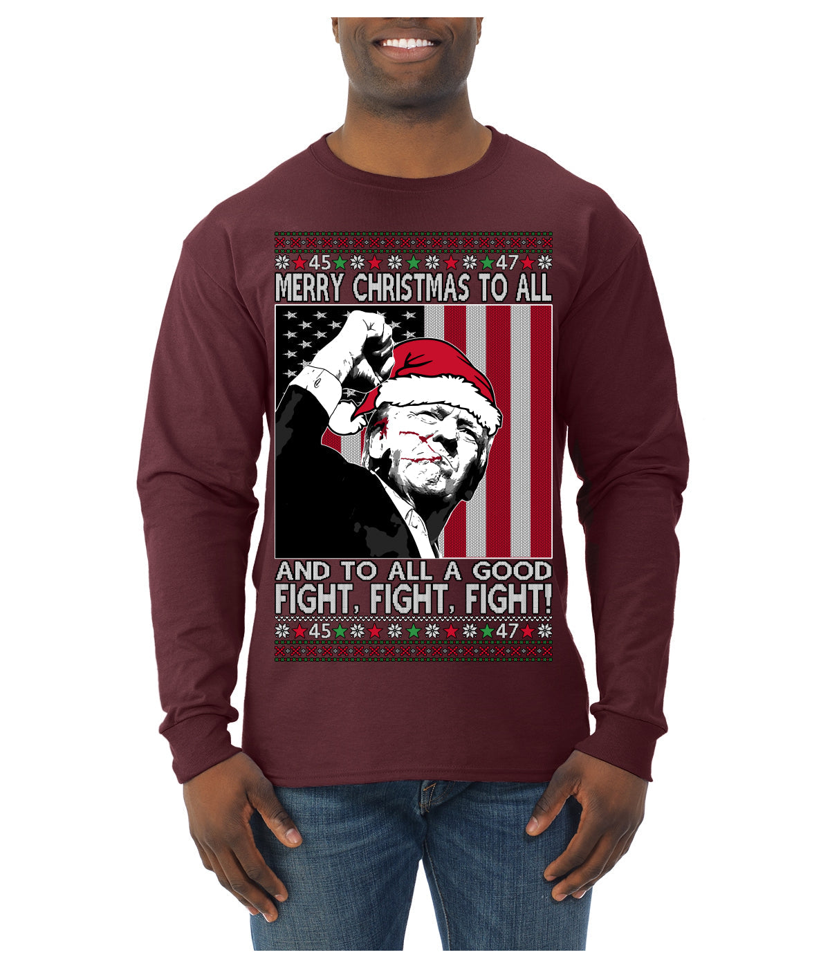 Merry Christmas to All a Good Fight | Santa Donald Trump Ugly Christmas Sweater Mens Long Sleeve Shirt