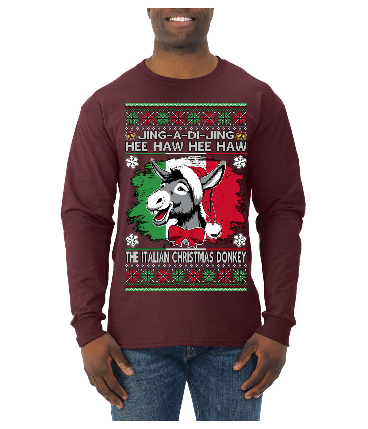 Jing a Di Jing Dominick the Italian Christmas Donkey Ugly Christmas Sweater Mens Long Sleeve Shirt