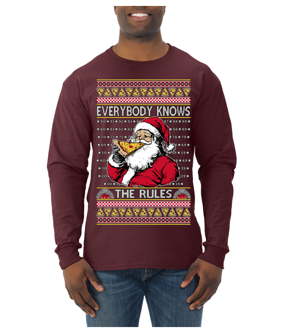 Everybody Knows the Rules Funny Santa Claus Pizza Score Ugly Christmas Sweater Mens Long Sleeve Shirt