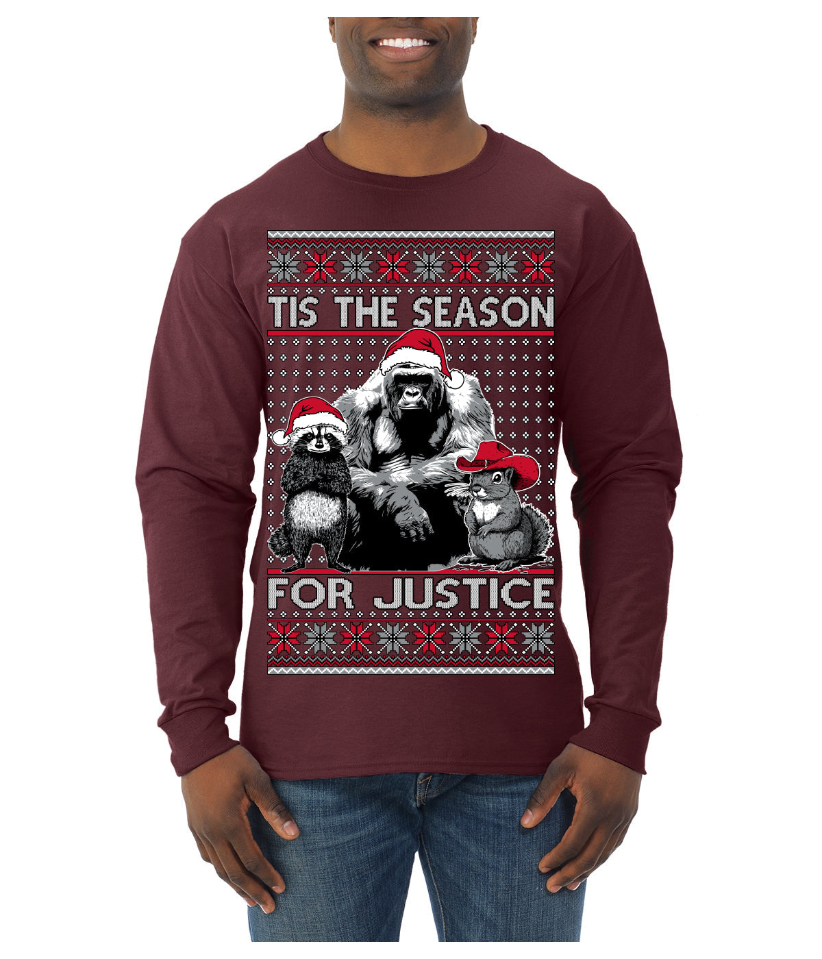 Tis the Season For Justice Harambe Peanut Fred Raccoon Ugly Christmas Sweater Mens Long Sleeve Shirt