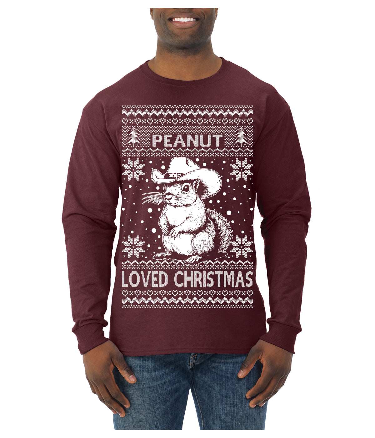 Peanut Loved Christmas RIP Funny Viral Squirrel Meme Ugly Christmas Sweater Mens Long Sleeve Shirt