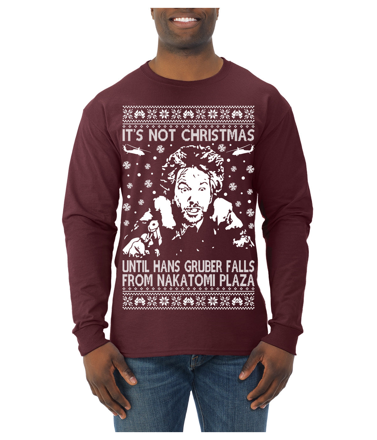 It's Not Christmas Until Hans Gruber Falls From Nakatomi Plaza White Ugly Christmas Sweater Mens Long Sleeve Shirt