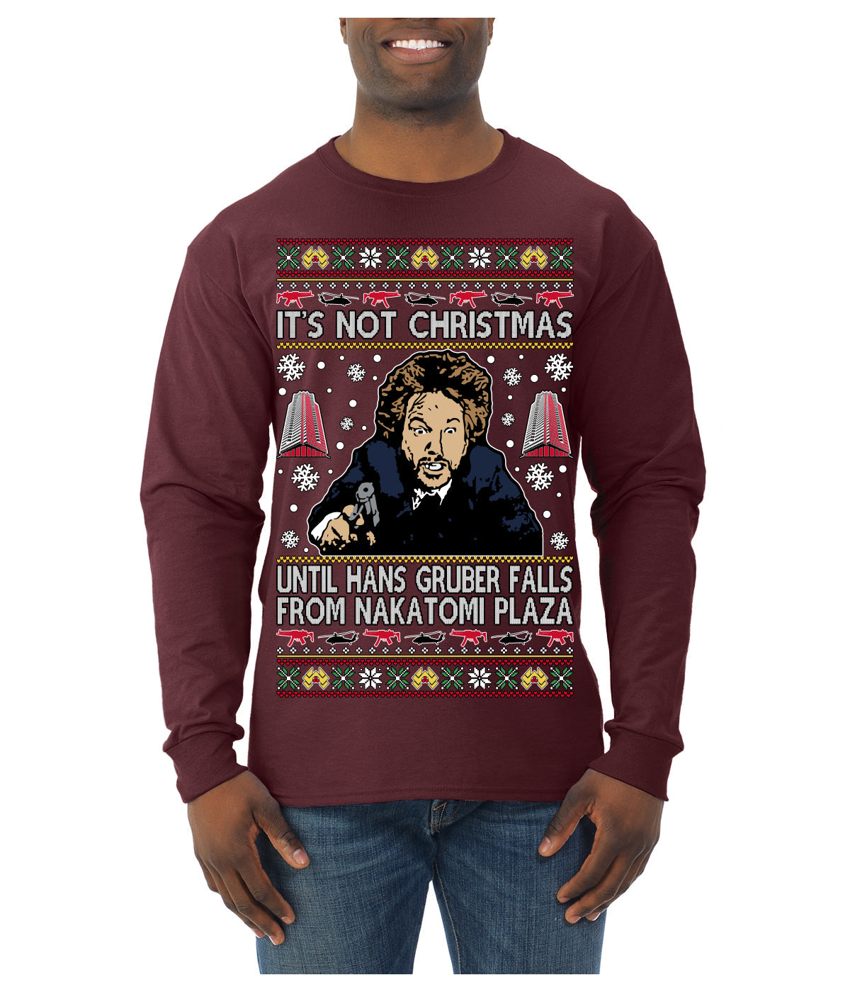 It's Not Christmas Until Hans Gruber Falls From Nakatomi Plaza Color Ugly Christmas Sweater Mens Long Sleeve Shirt
