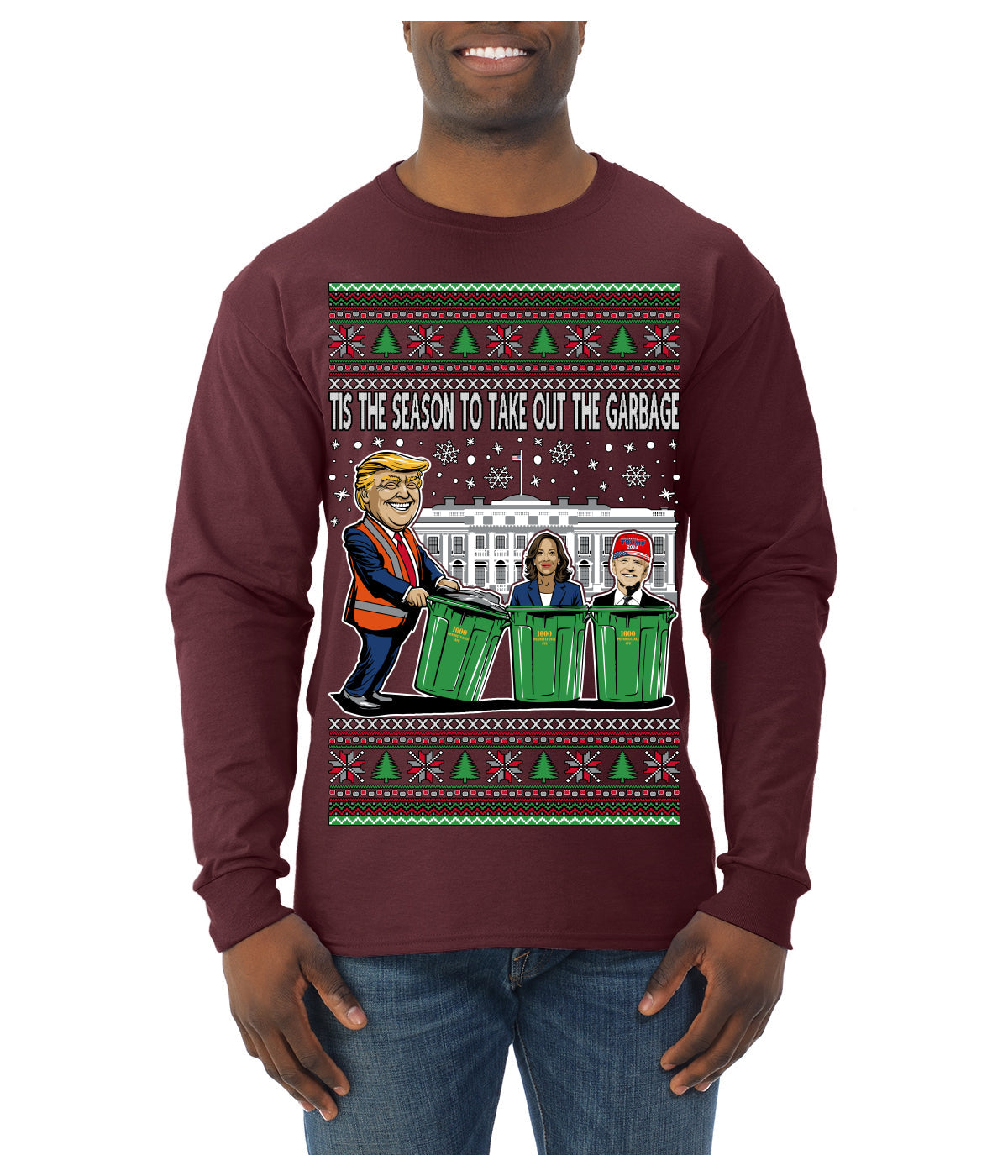 Tis the Season to Take Out the Garbage President Trump Ugly Christmas Sweater Mens Long Sleeve Shirt