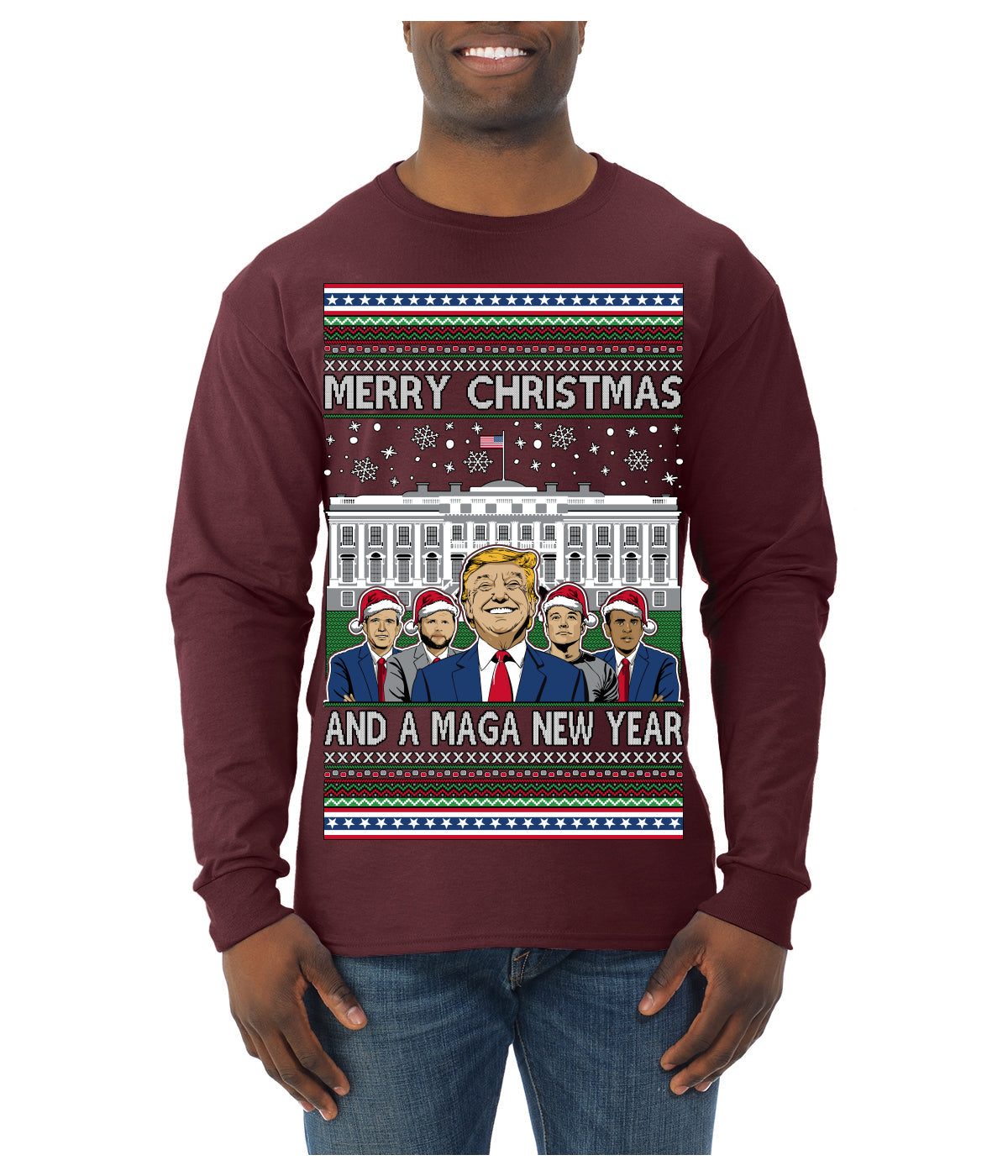 Merry Christmas and a MAGA New Year 2025 Ugly Christmas Sweater Mens Long Sleeve Shirt