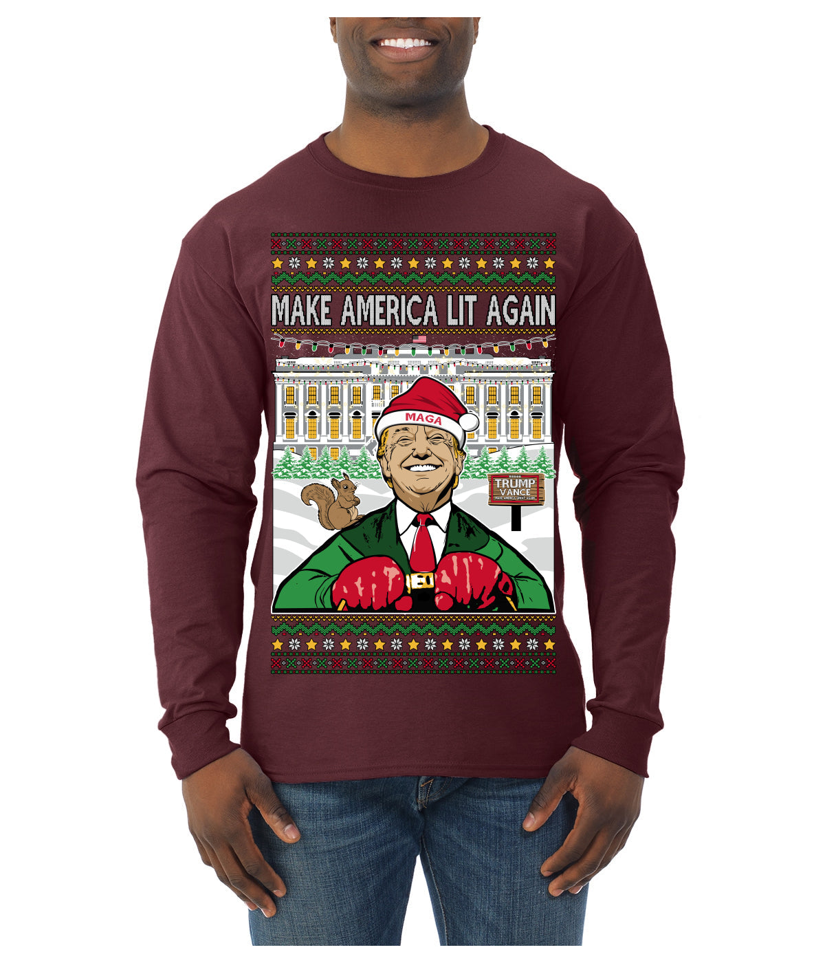 Make America Lit Again Funny Trump 2024 White House MAGA Ugly Christmas Sweater Mens Long Sleeve Shirt