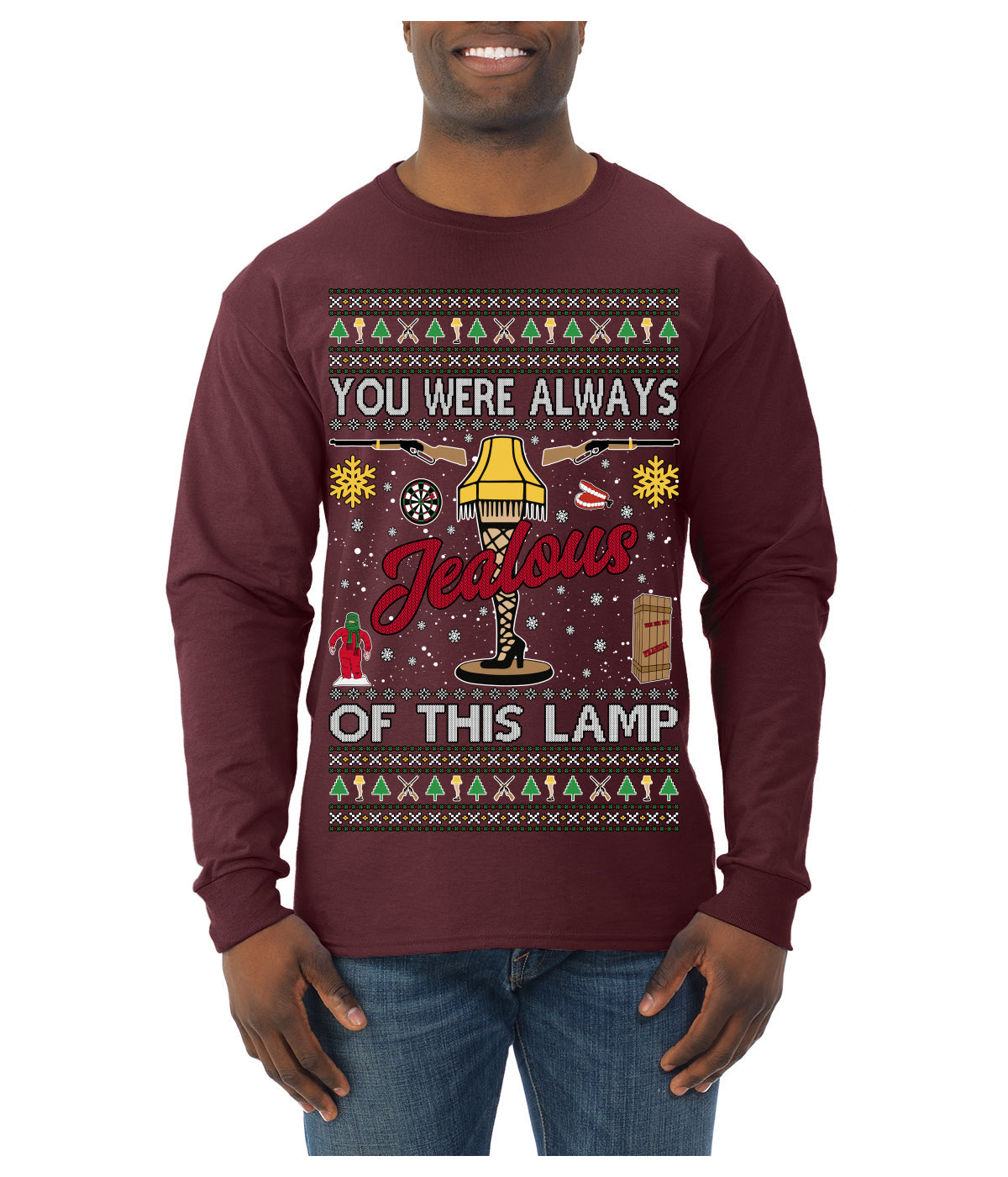 You Were Always Jealous Of This Lamp, Fra Gee Lay Classic 80s Xmas Movie Quote Fragile Leg Lamp Story Unisex Ugly Christmas Sweater Mens Long Sleeve Shirt