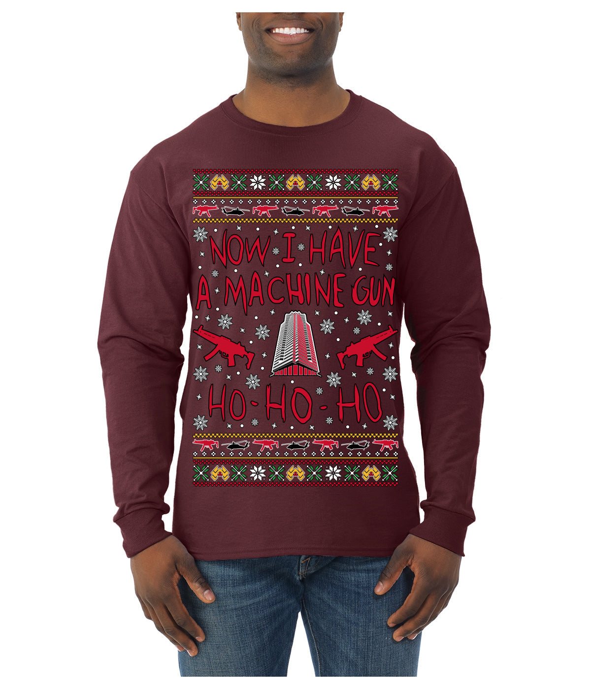 Now I Have a Machine Gun Ho Ho Ho Nakatomi Die Hard McClane Classic 80s Xmas Movie Ugly Christmas Sweater Mens Long Sleeve Shirt