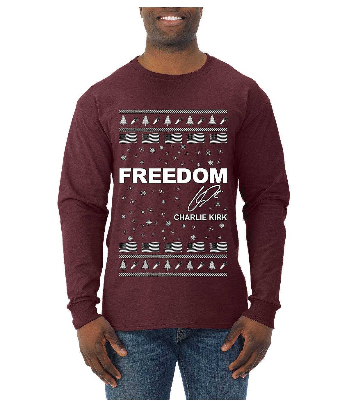 Freedom, Charlie Kirk Political Activist, Right Wing, Ugly Christmas Sweater Mens Long Sleeve Shirt
