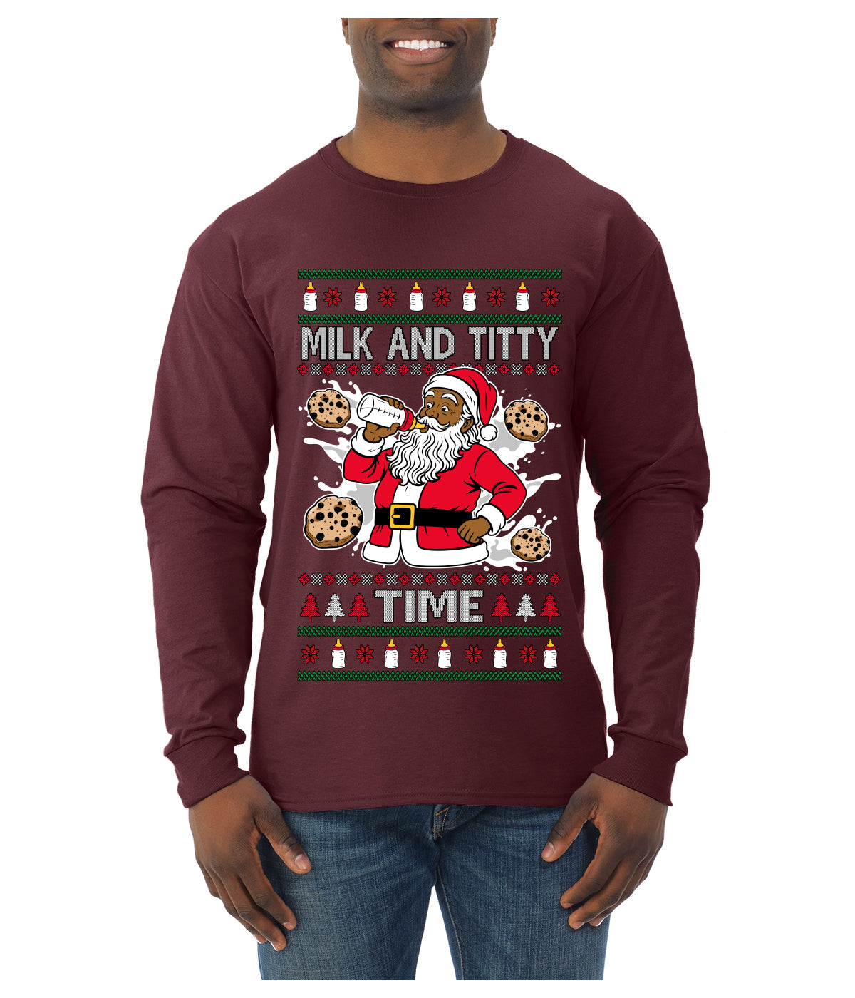 Milk And Titty Time Christmas Sweater, Ugly Christmas Sweater Mens Long Sleeve Shirt