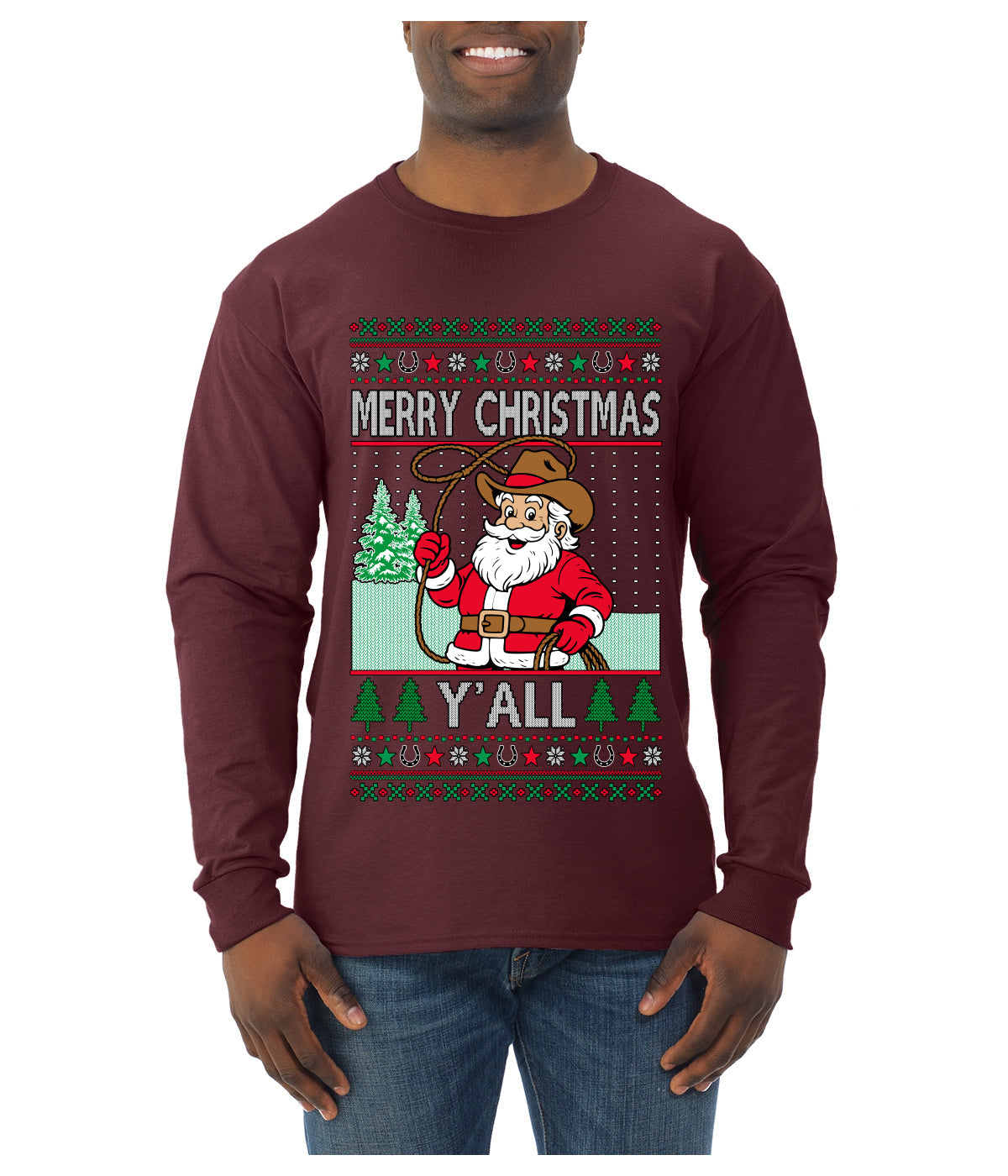 Merry Christmas Y'all Christmas Sweater, Ugly Christmas Sweater Mens Long Sleeve Shirt