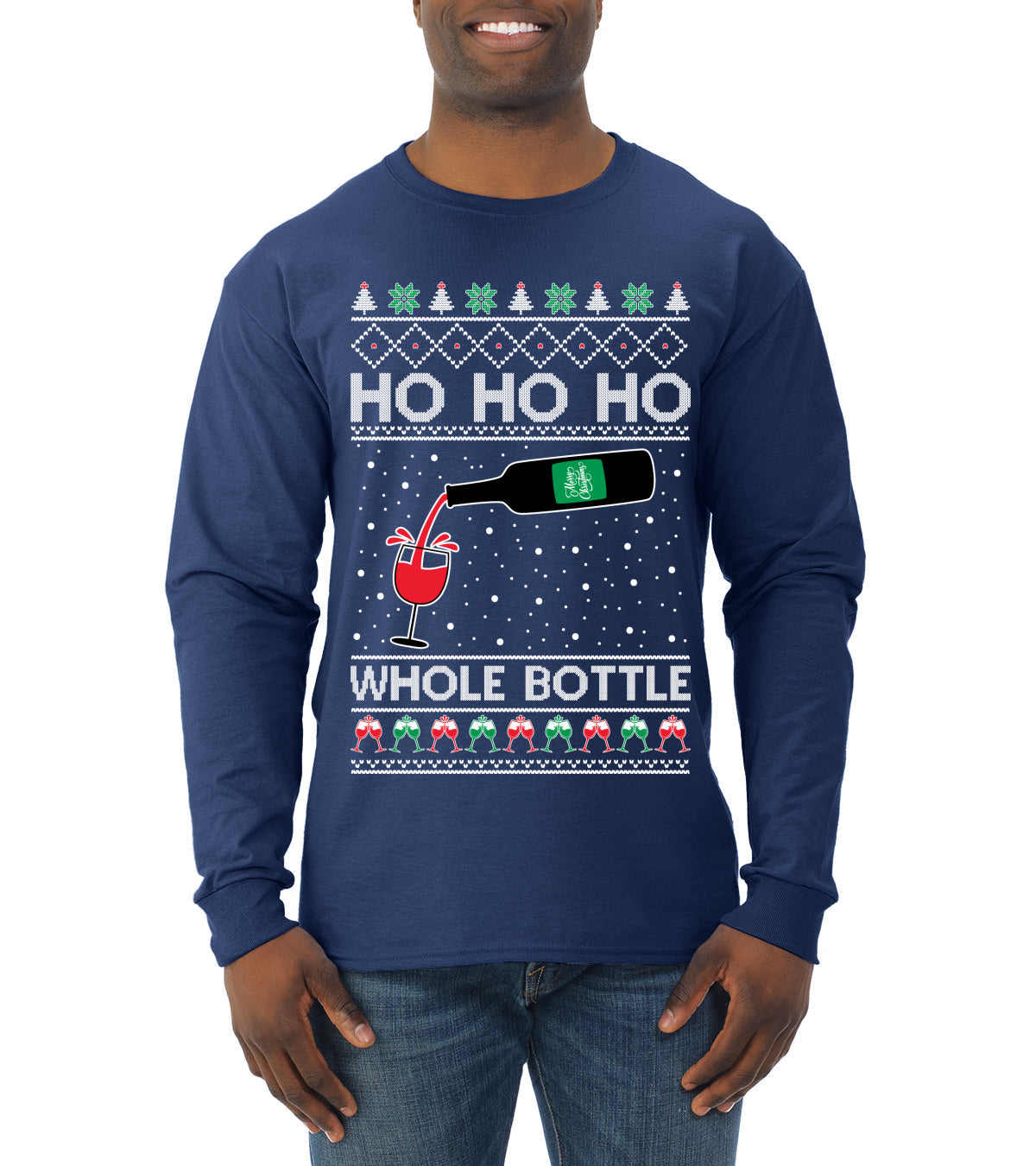 Ho Ho Ho Whole Bottle Wine Spirits Ugly Christmas Sweater Mens Long Sleeve Shirt