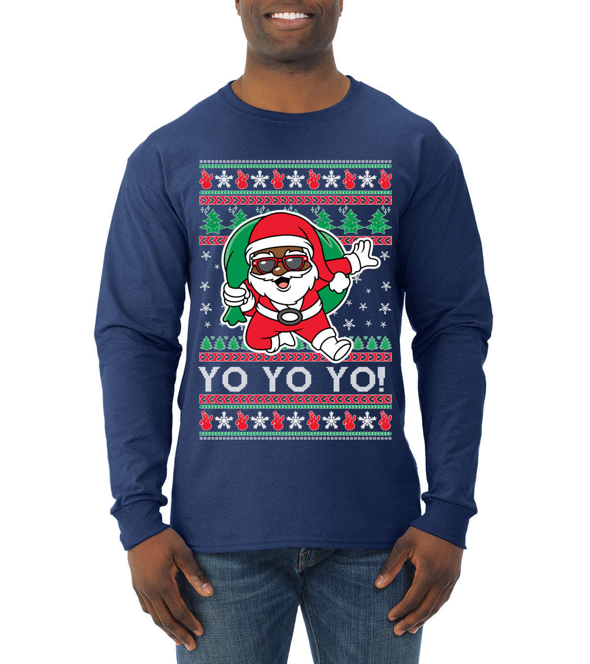 Yo Yo Yo Black Santa Ugly Christmas Sweater Mens Long Sleeve Shirt