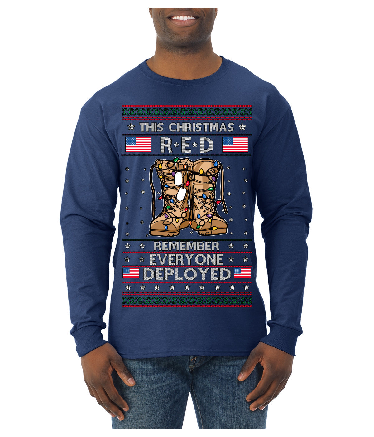 This Christmas RED Remember Everyone Deployed Veteran Ugly Christmas Sweater Mens Long Sleeve Shirt