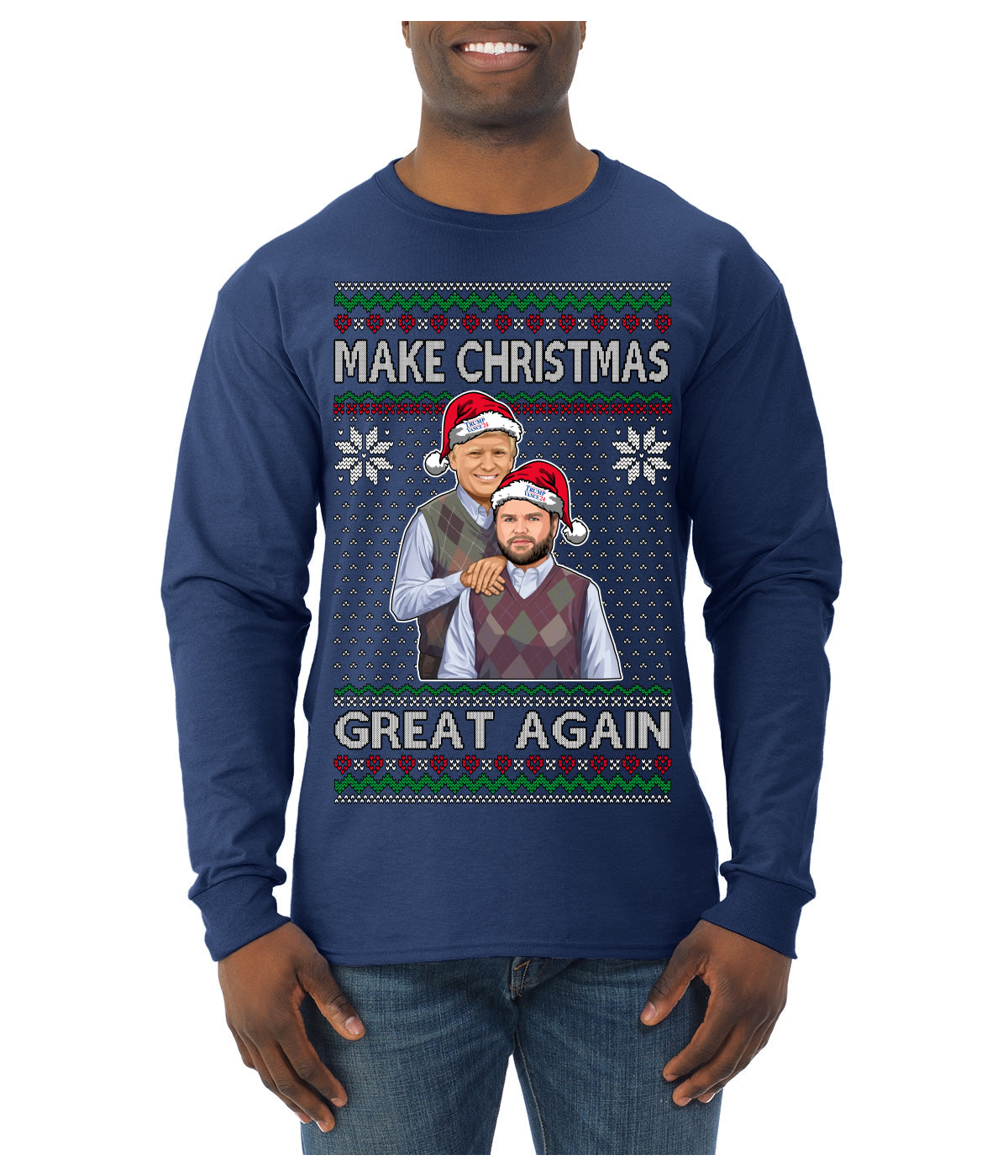Make Christmas Great Again Trump Vance 2024 Movie Parody Ugly Christmas Sweater Mens Long Sleeve Shirt