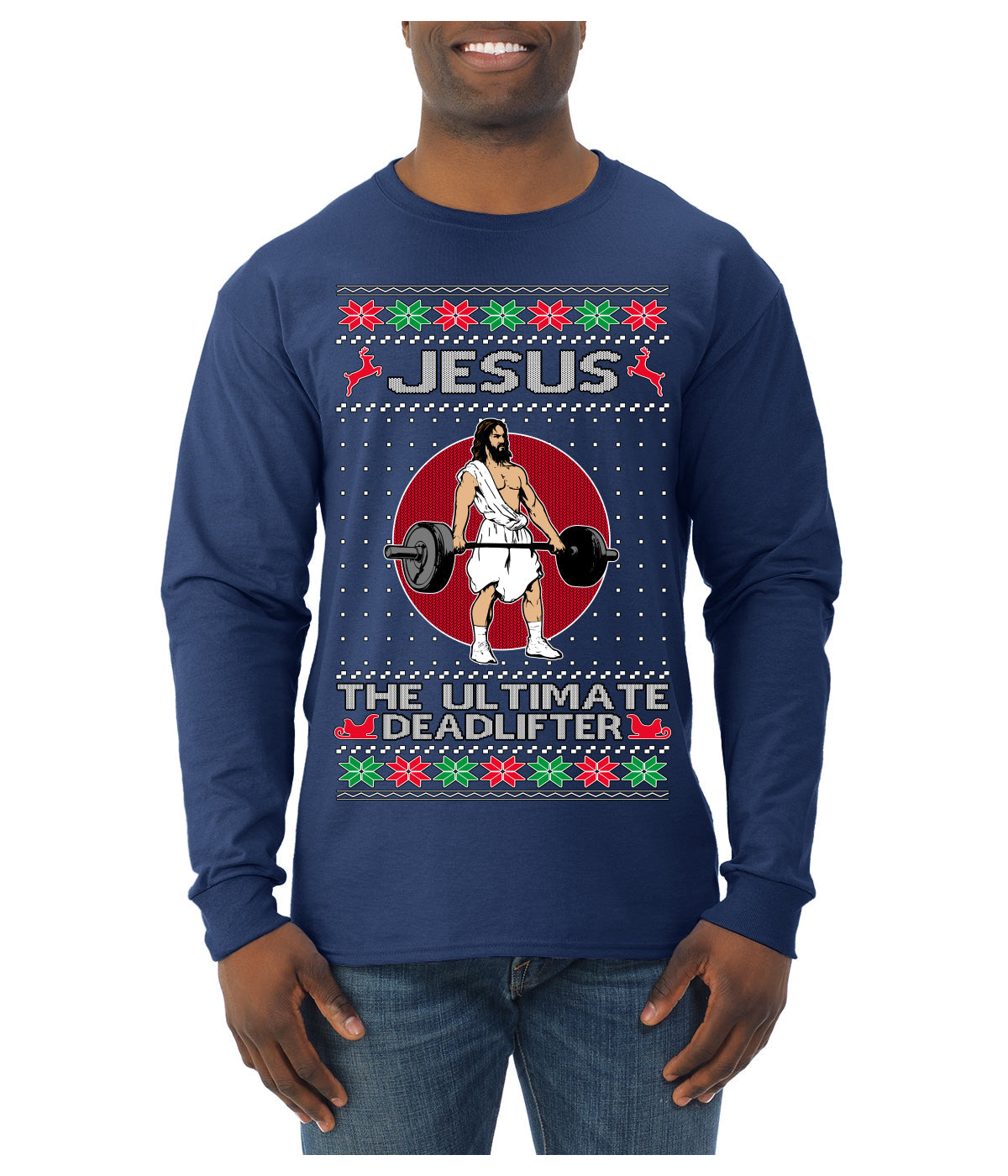 Jesus the Ultimate Deadlifter Funny Ugly Christmas Sweater Mens Long Sleeve Shirt